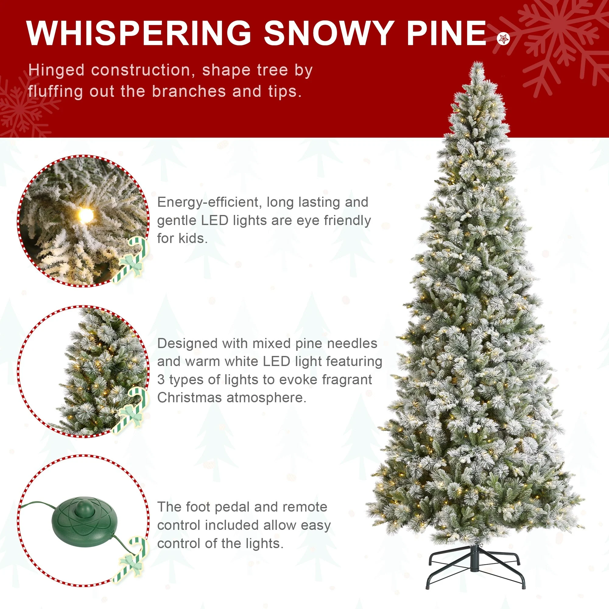Glitzhome 7.5ft/9ft/11ft Pre-Lit Flocked Slim Pine Artificial Christmas Tree w/ Foot Pedal & Remote Control