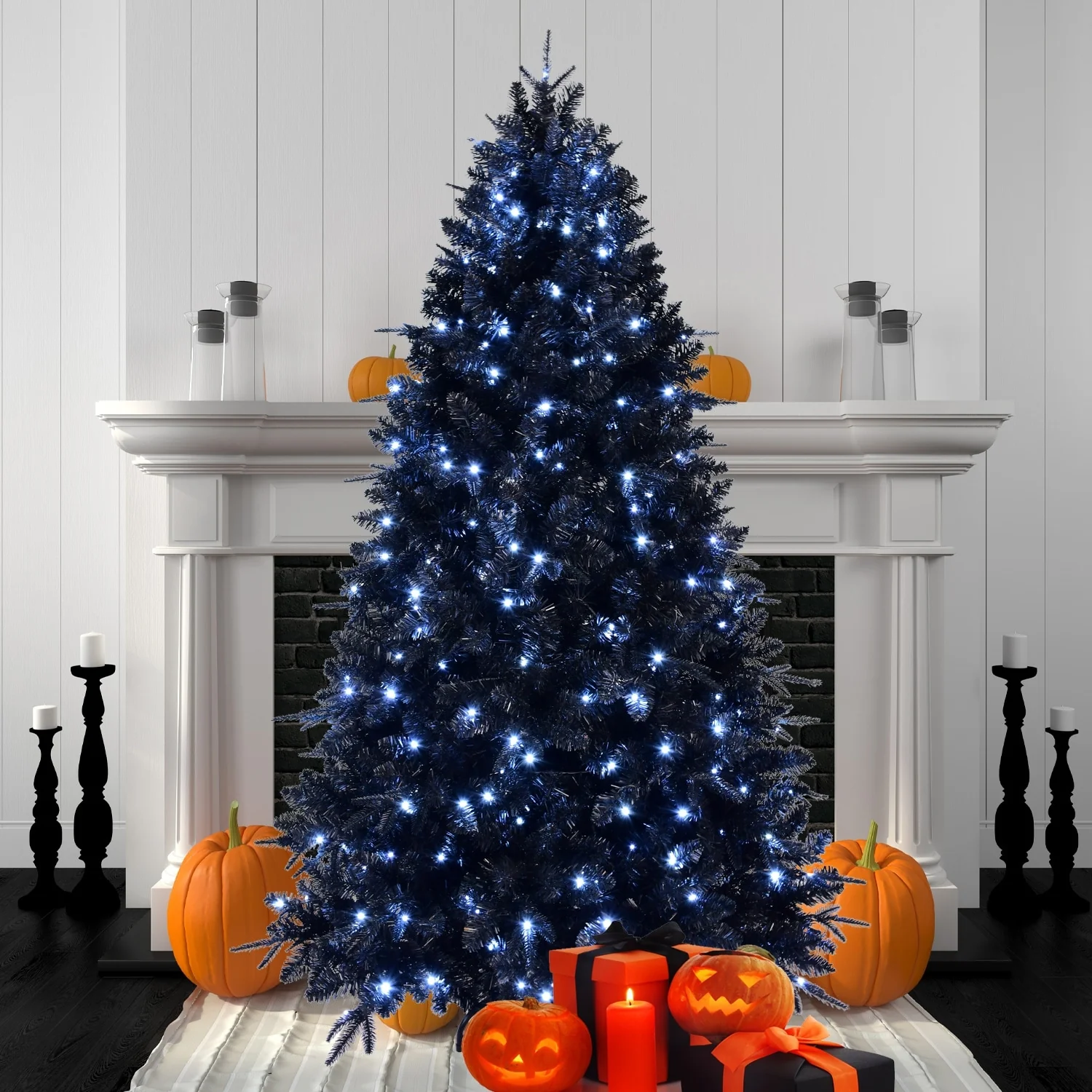 Full Pre-Lit Black Holiday Tree with 500/600/750 Lights, Metal Hinges, and Flame-Retardant PVC Branches