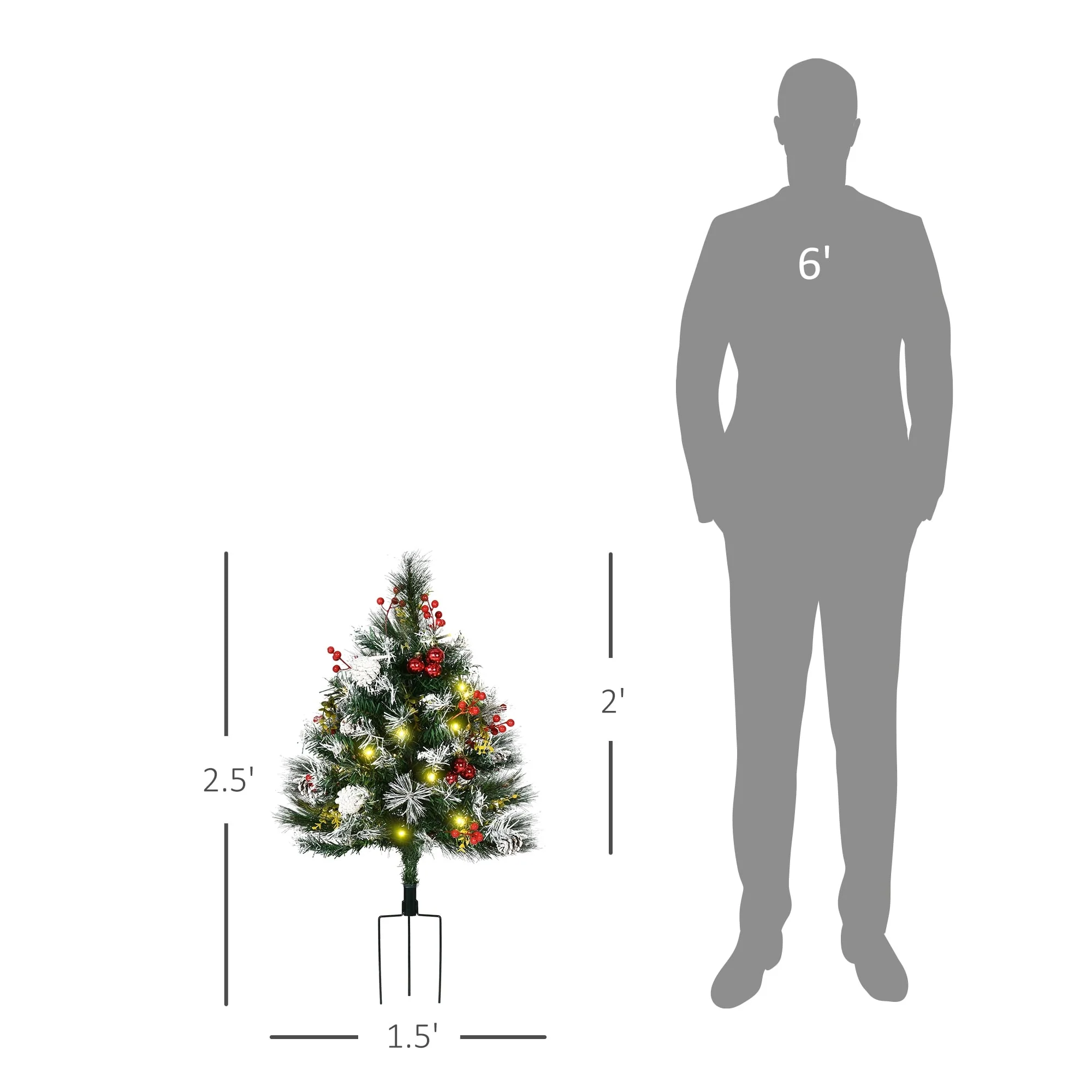 Outdoor 2.5 Ft Artificial Christmas Trees, Pre-Lit 2-Pack with 24 LED Lights, Red Berries, Pinecones & Snow-Dipped Branches