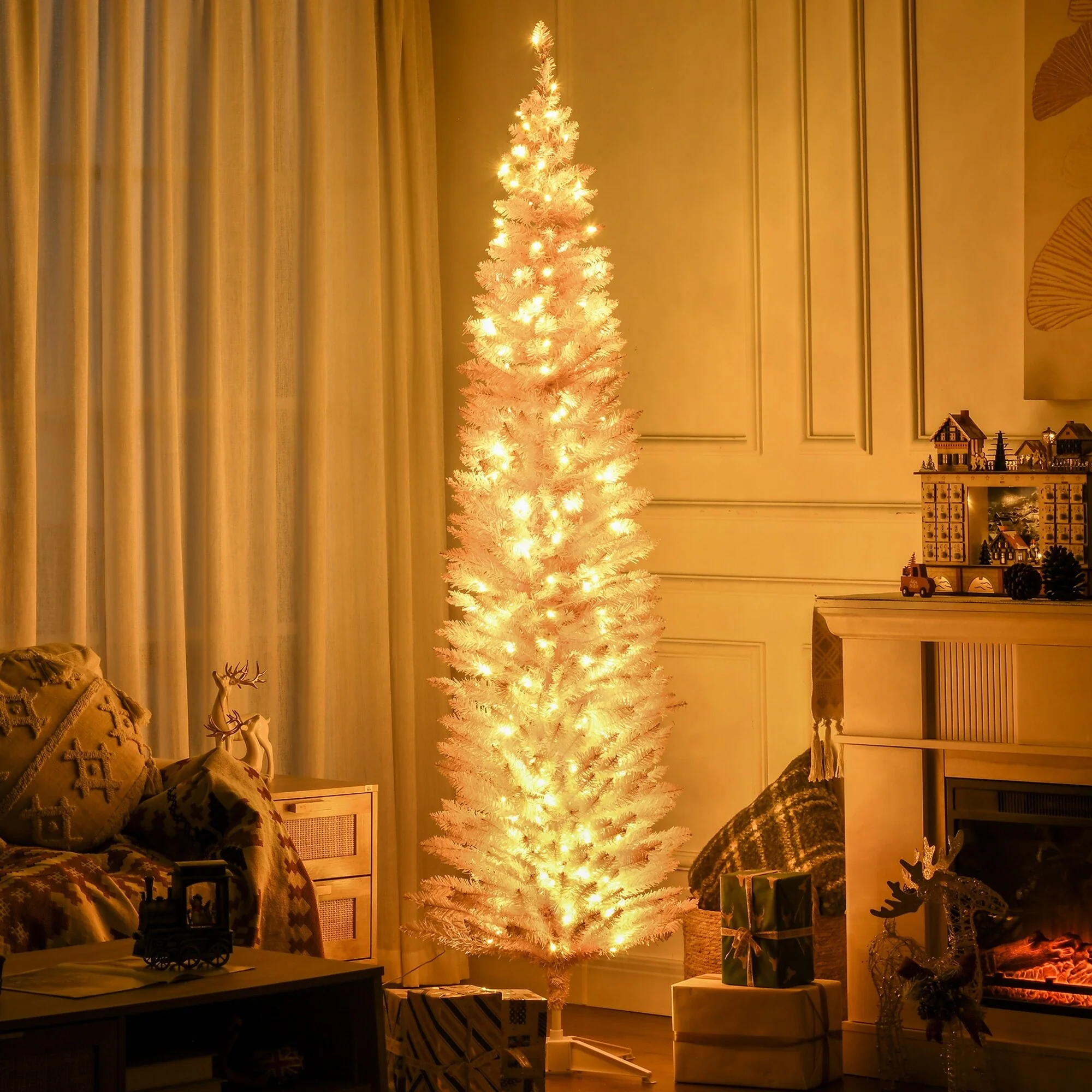 7ft Artificial Slim Noble Fir Christmas Tree Pre-Lit with 200 LED Lights and 499 Branch Tips, Ideal for Small Spaces