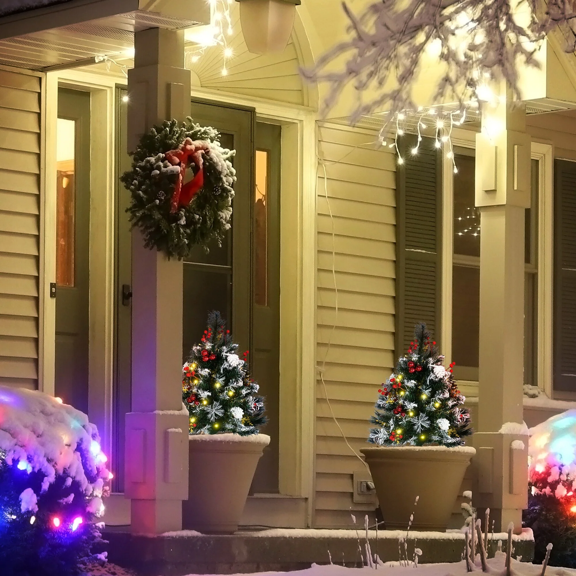 Outdoor 2.5 Ft Artificial Christmas Trees, Pre-Lit 2-Pack with 24 LED Lights, Red Berries, Pinecones & Snow-Dipped Branches