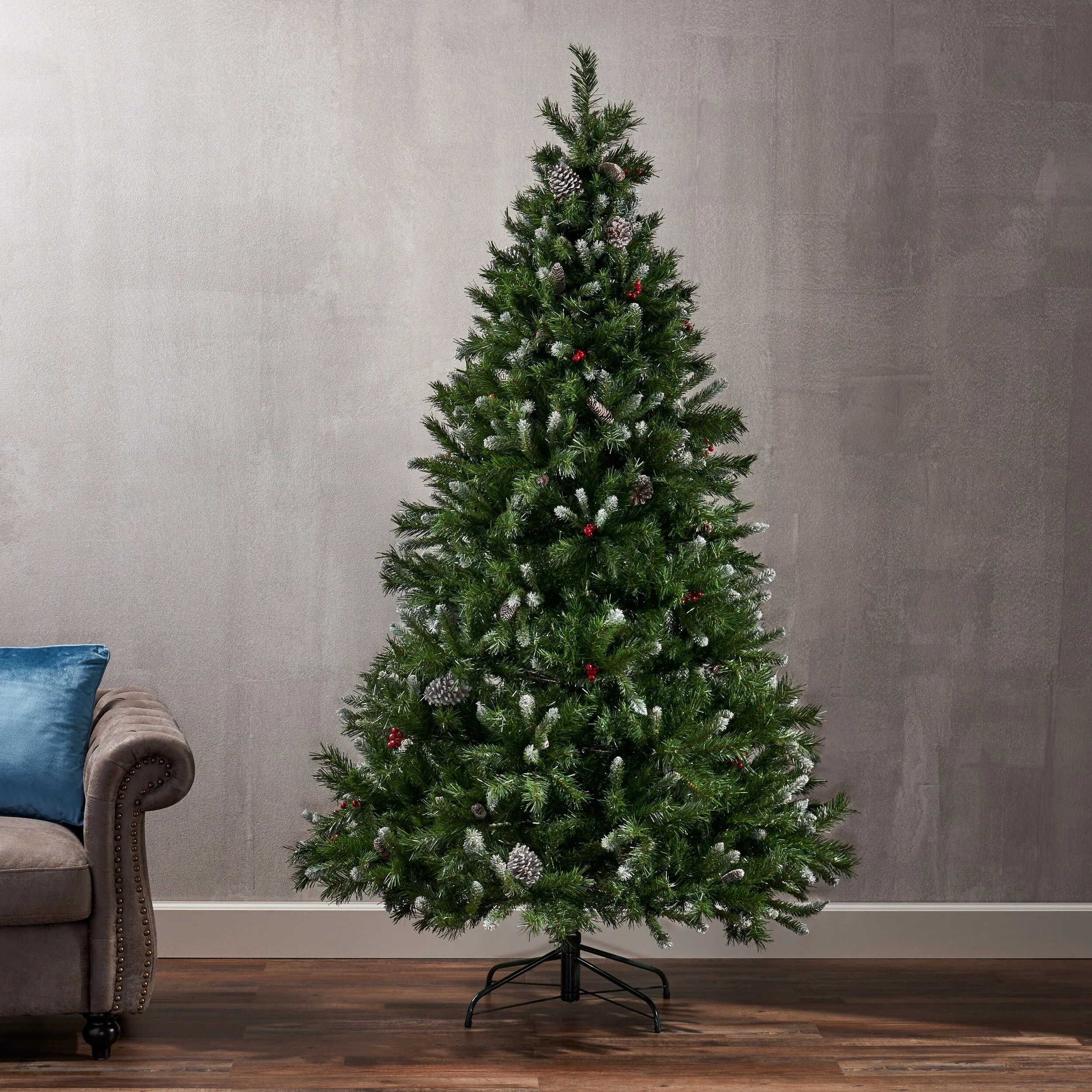 7' Mixed Frosted Hinged Tree with Pine Cones, Red Berries, 1219 Tips, Unlit, Durable Iron Stand, Easy Setup, 53