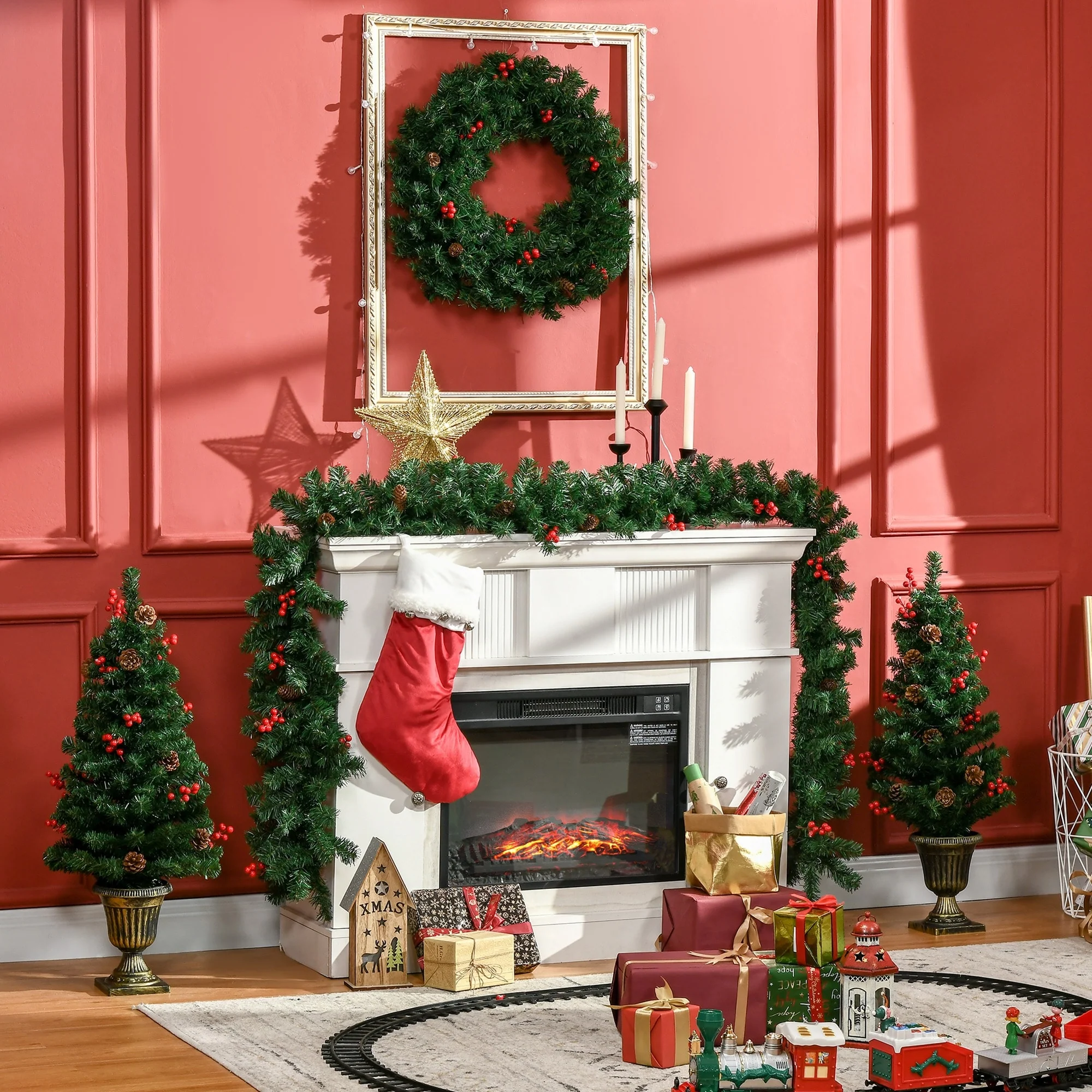 Holiday Christmas 4-Piece Set with Warm LED Lights - Garland, Wreath & Two 3FT Entrance Trees, Perfect for Indoor/Outdoor Decor
