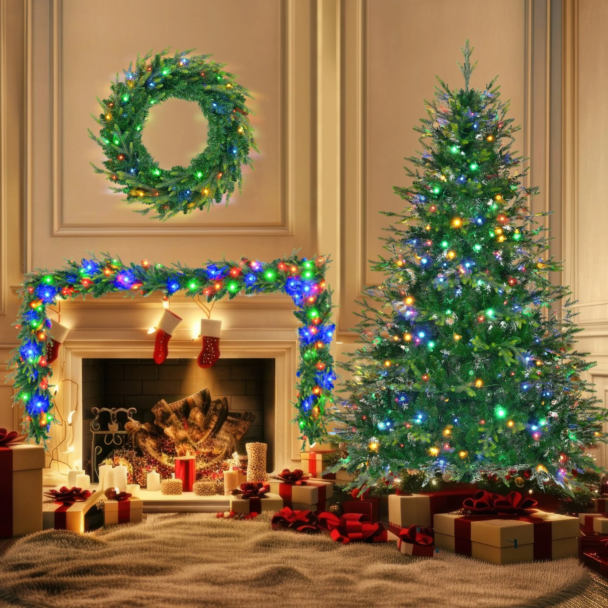 Pre-Lit Aspen Fir Xmas Tree Set - 6FT Artificial Tree with 9FT Garland & 20