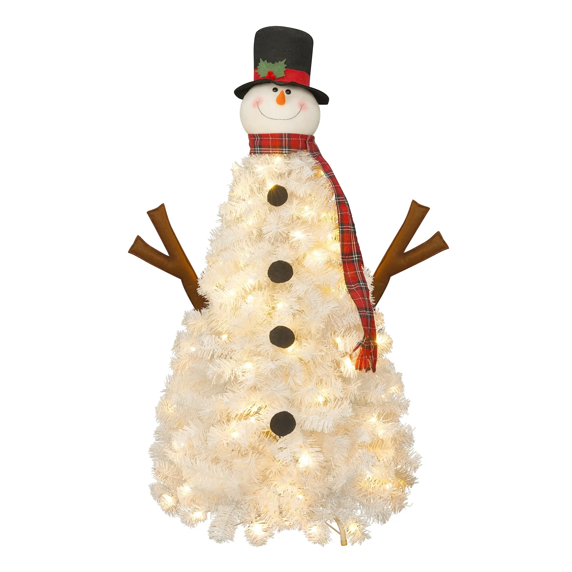 Pre-lit Snowman Christmas Tree, 4ft Artificial Holiday Tree with 100 Warm White LED Lights and 380 Branch Tips for Home