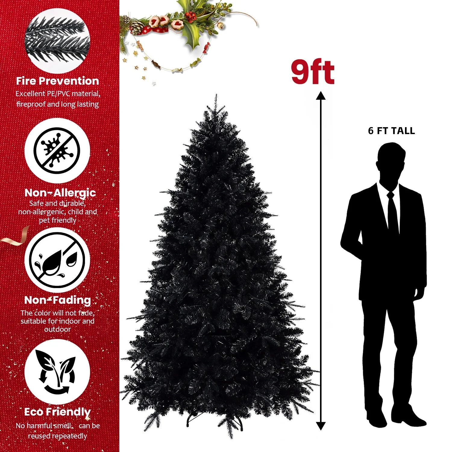 Black 8FT Pre-Lit Christmas Tree, Full Artificial Tree with 2486 Tips, 600 Lights, Metal Hinges for a Unique Holiday Display