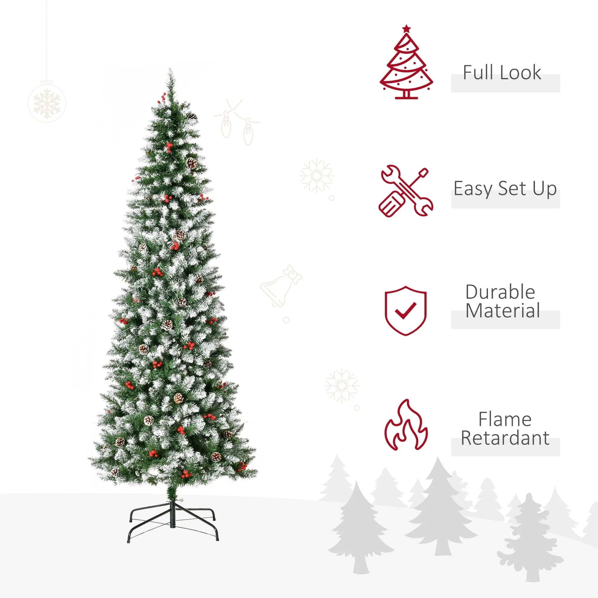 Realistic Snow-Flocked Artificial Christmas Tree,Pre-Lit with LED Lights,Pine Cones & Red Berries,Available in 6ft, 7.5ft & 9ft