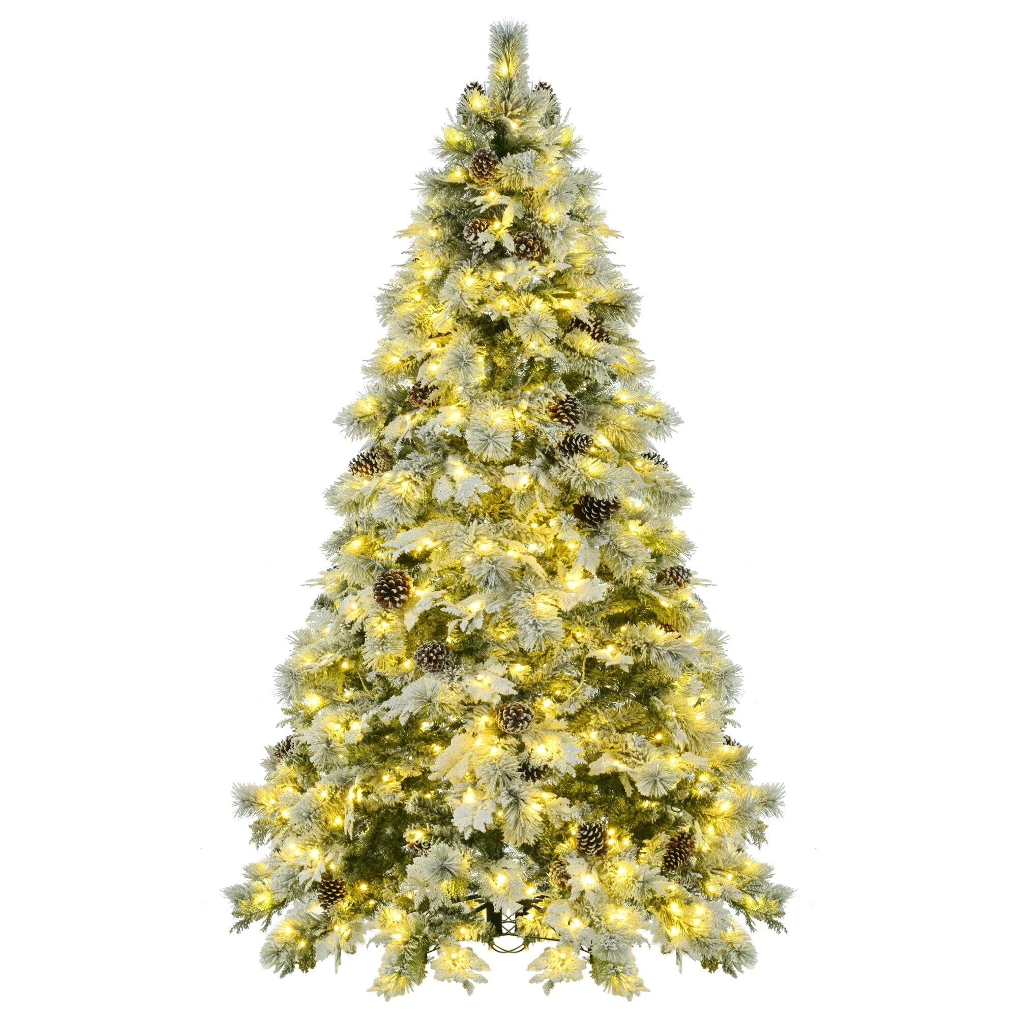 Artificial Snow Flocked Spruce Christmas Tree with 120/250/450 LED Lights, Pine Cones, and 11 Flashing Modes, 4FT/6FT/7.5FT