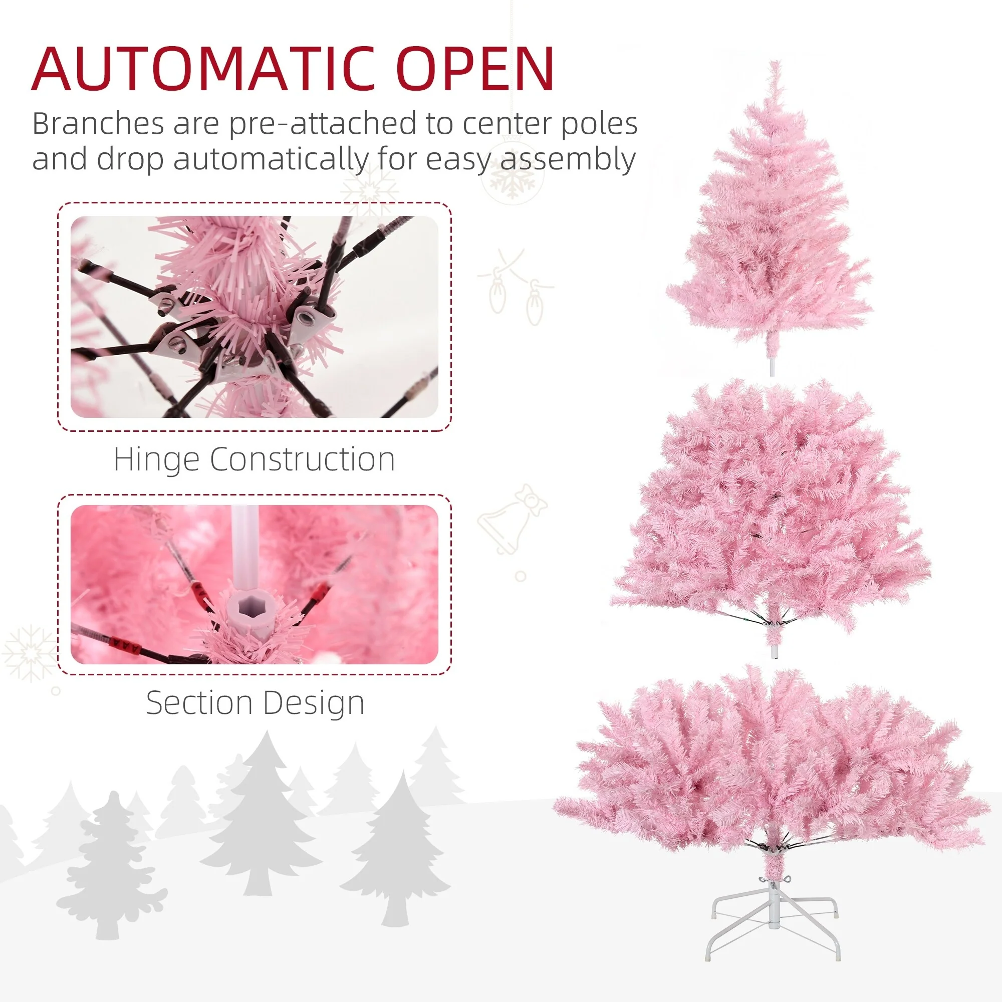 Pink 6ft Christmas Tree with Auto-Open Design, 1000 Branches, Steel Base - Wide Shape Artificial Xmas Tree