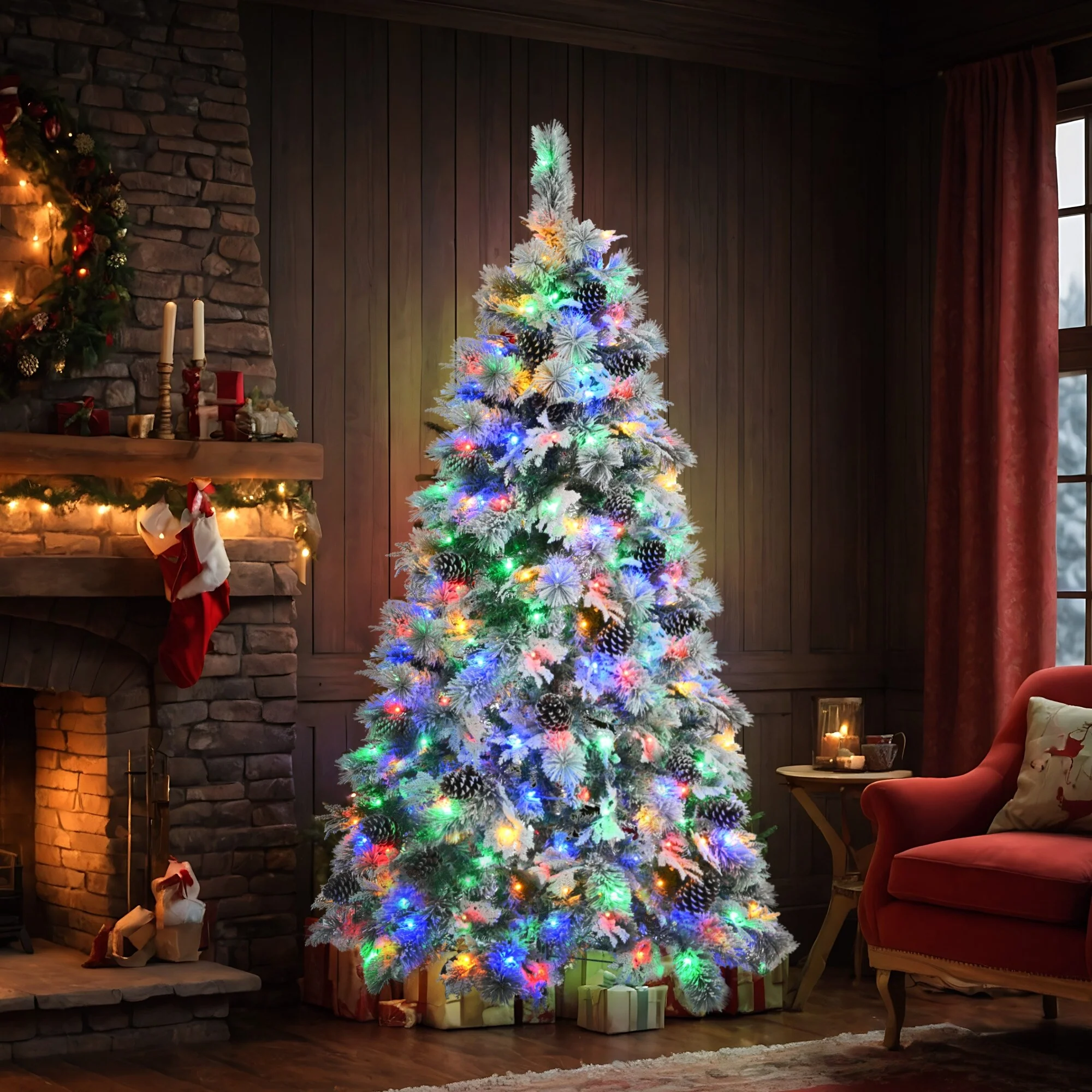 Artificial Snow Flocked Spruce Christmas Tree with 120/250/450 LED Lights, Pine Cones, and 11 Flashing Modes, 4FT/6FT/7.5FT