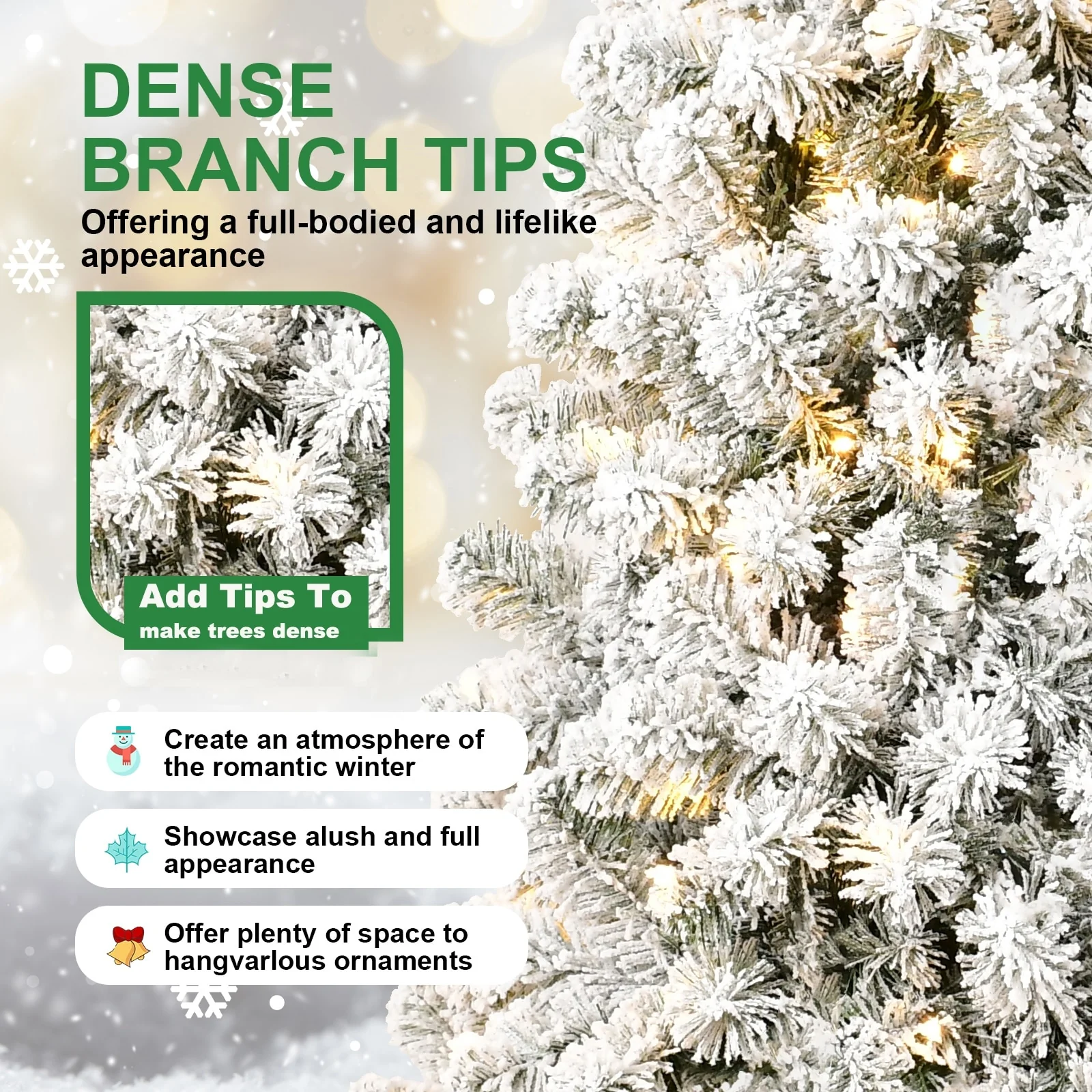 Snow-Flocked Pre-Lit Christmas Tree with Memory Wire Tips and 300-400 Warm Lights, Easy Setup for Indoor Holiday Display