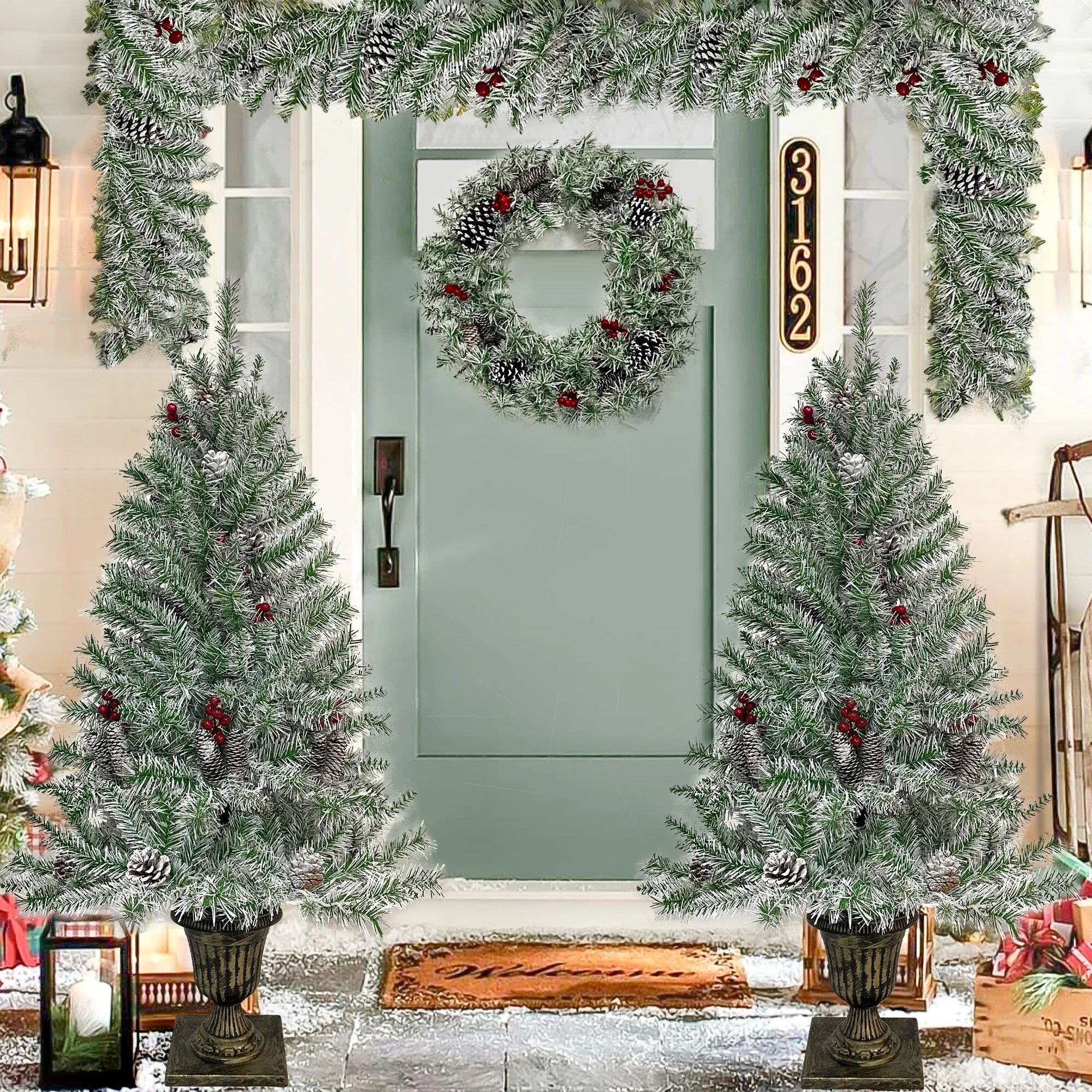 4-Piece Pre-Lit Christmas Tree Set with Wreath, Garland & Entrance Trees