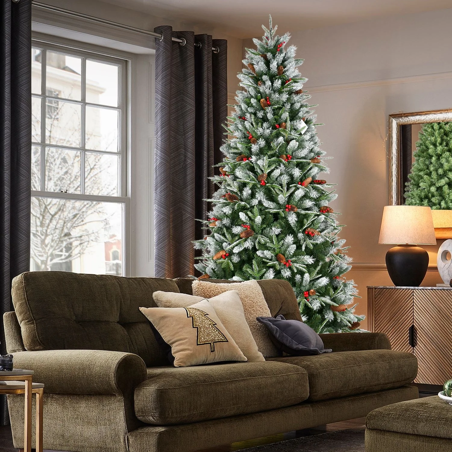 8ft PE PVC Spray White Christmas Tree with Realistic Branches, Red Fruits, and Pinecones for Home Holiday Decor