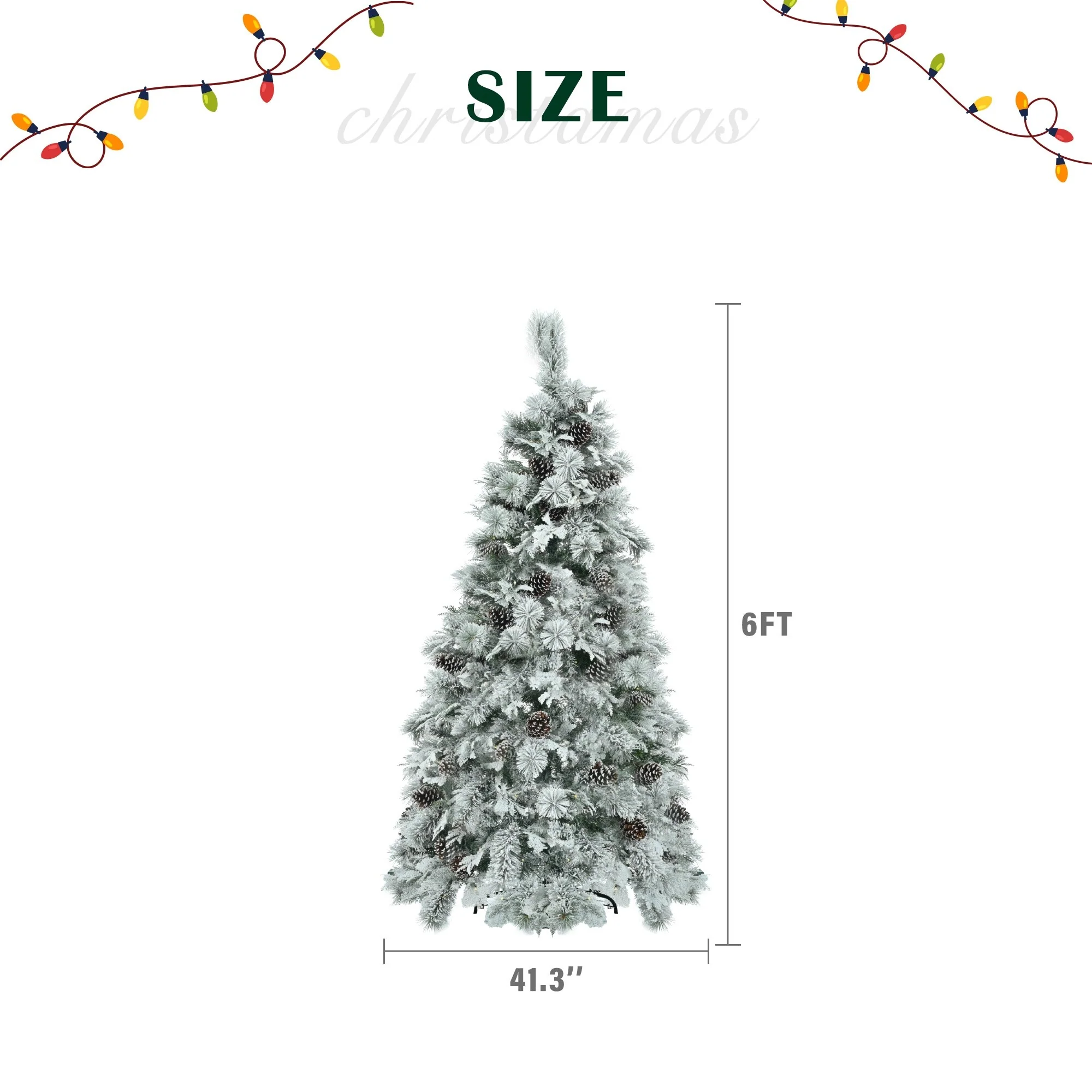 Artificial Snow Flocked Spruce Christmas Tree with 120/250/450 LED Lights, Pine Cones, and 11 Flashing Modes, 4FT/6FT/7.5FT