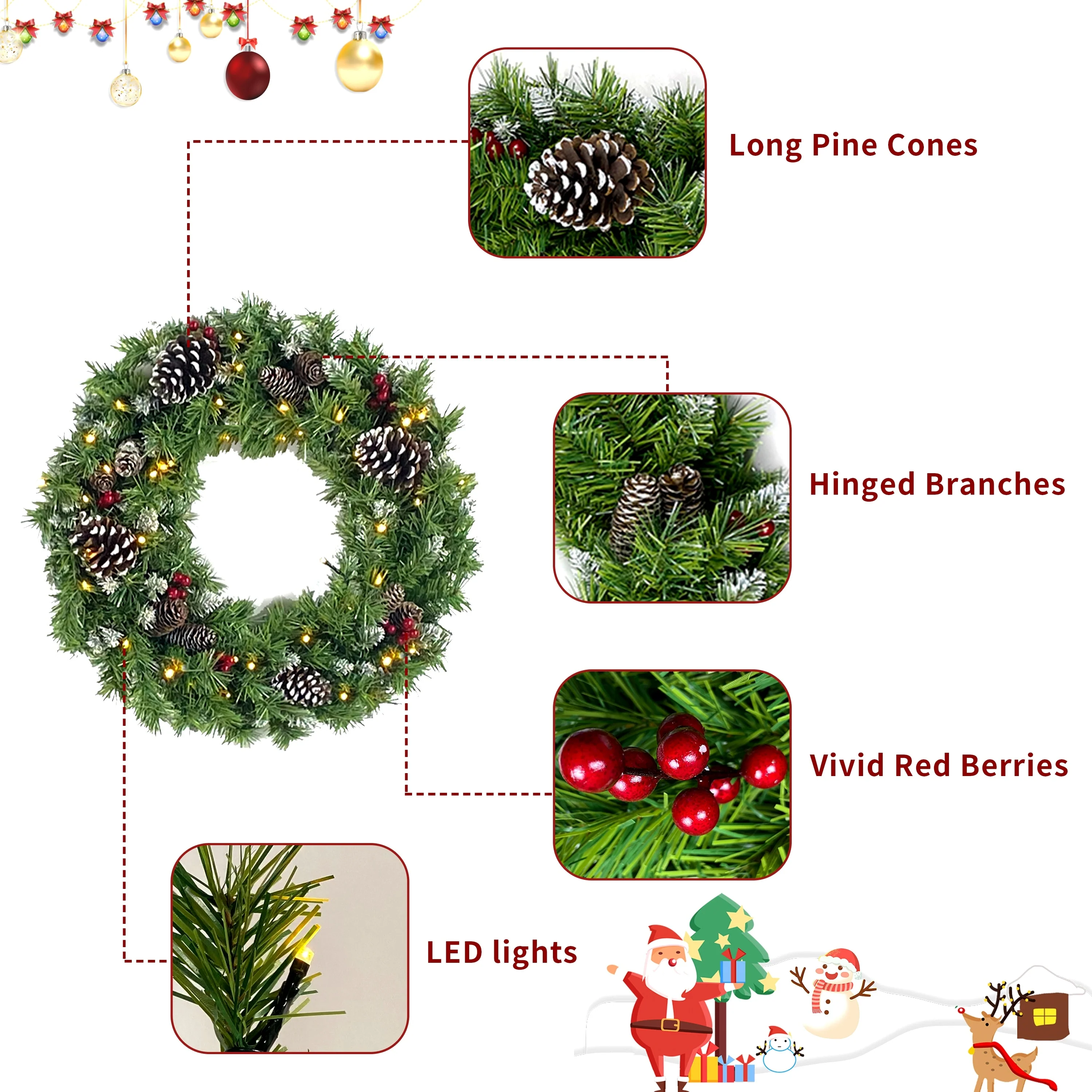 Pre-Lit 4-Piece Holiday Christmas Set - Entrance Trees, Garland, and Wreath with 340 Warm LEDs