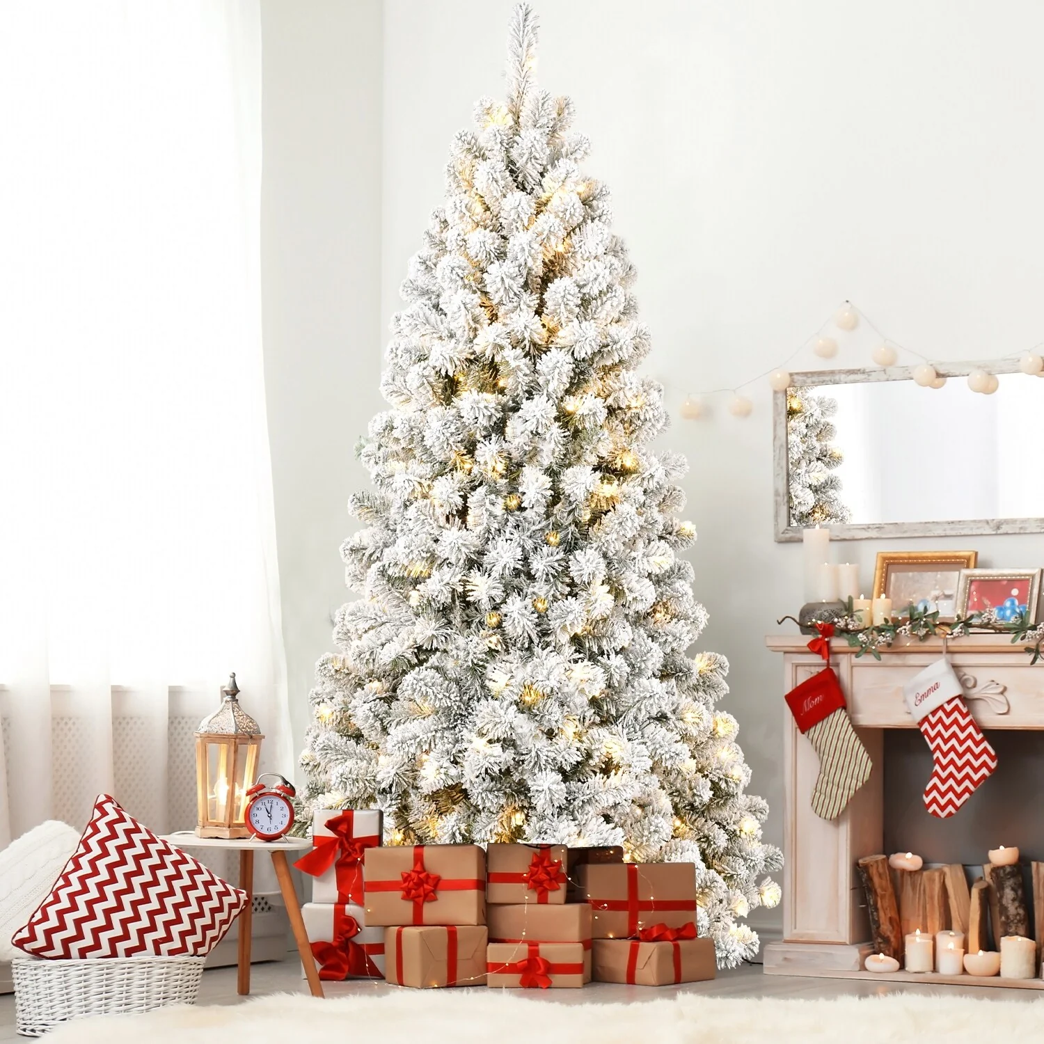 Snow-Flocked Pre-Lit Christmas Tree with Memory Wire Tips and 300-400 Warm Lights, Easy Setup for Indoor Holiday Display