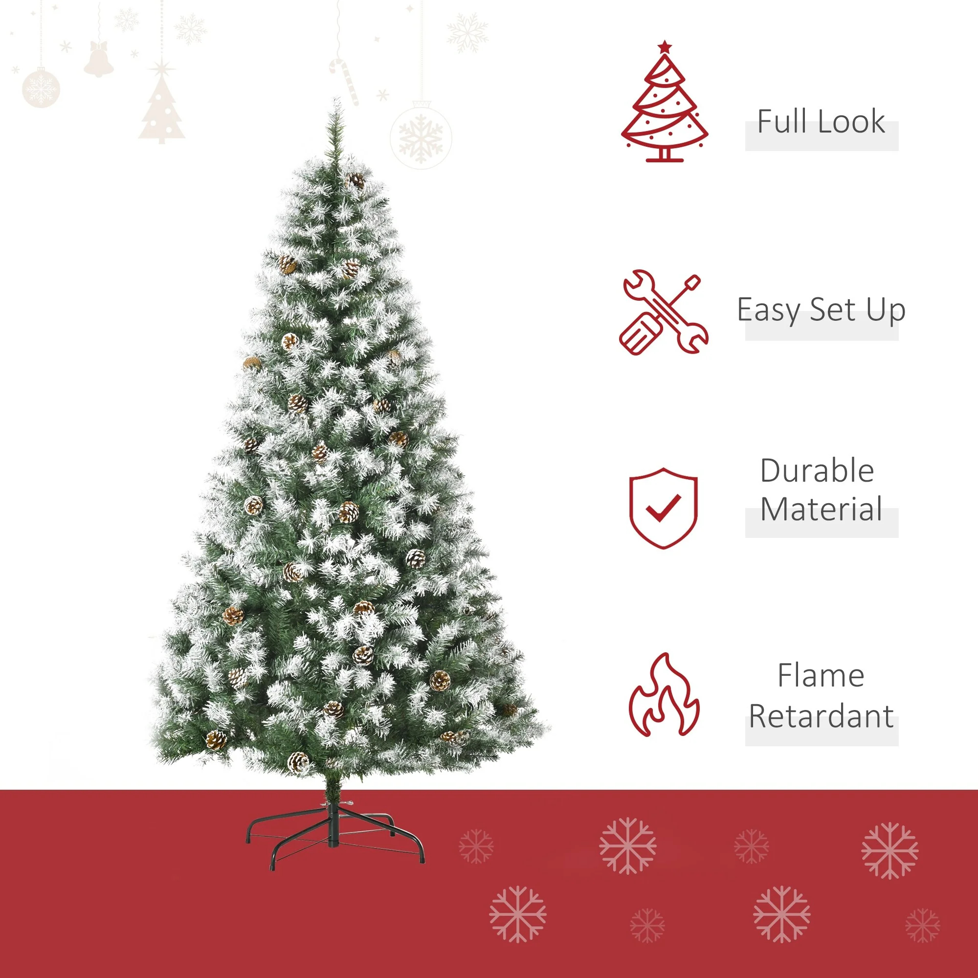 6ft Unlit Snow-Dusted Artificial Fir Christmas Tree with Pine Cones and 800 Branch Tips, Easy Setup & Storage