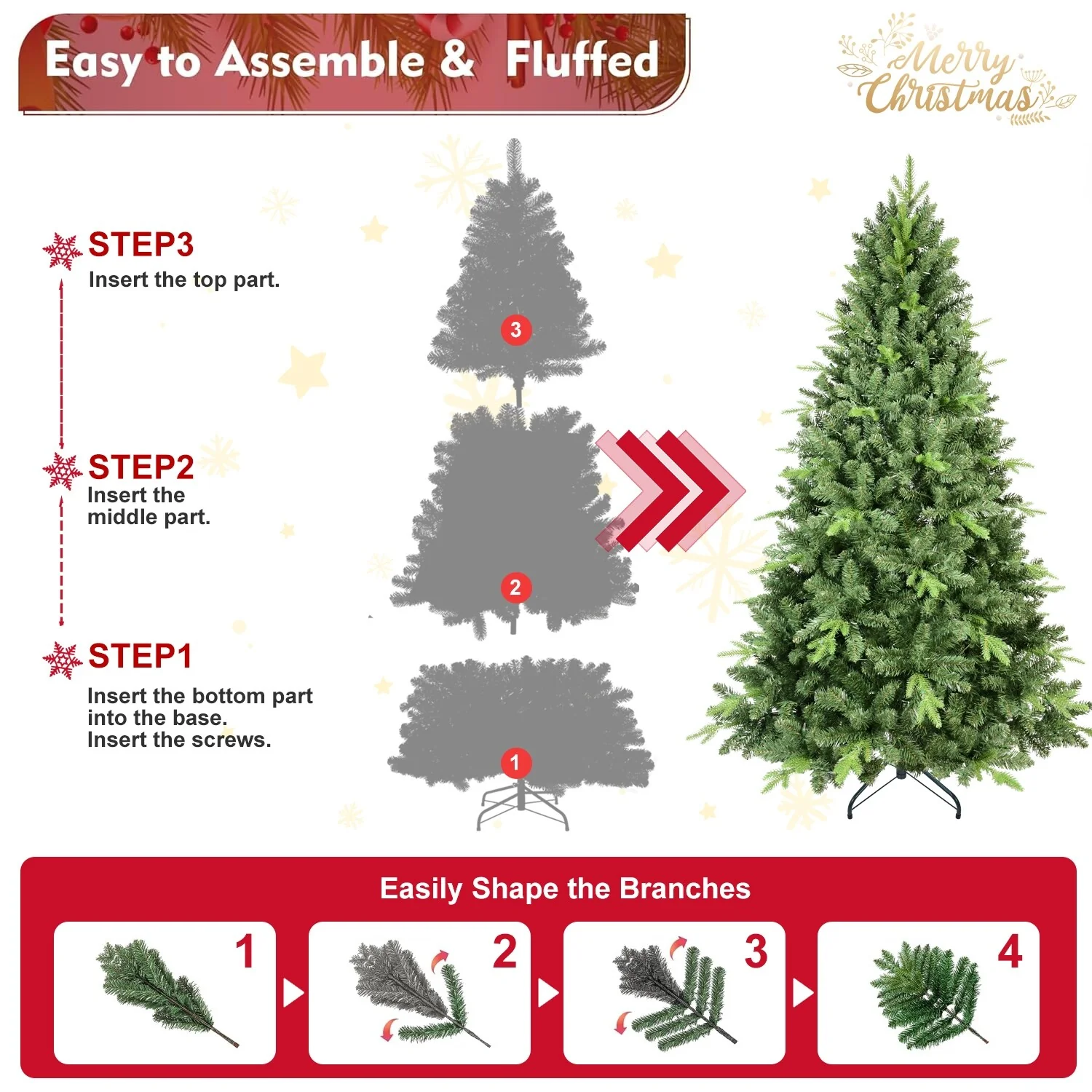 8FT Premium Spruce Fake Christmas Tree, 2535 PE&PVC Tips, Hinged Branches & Easy Assembly
