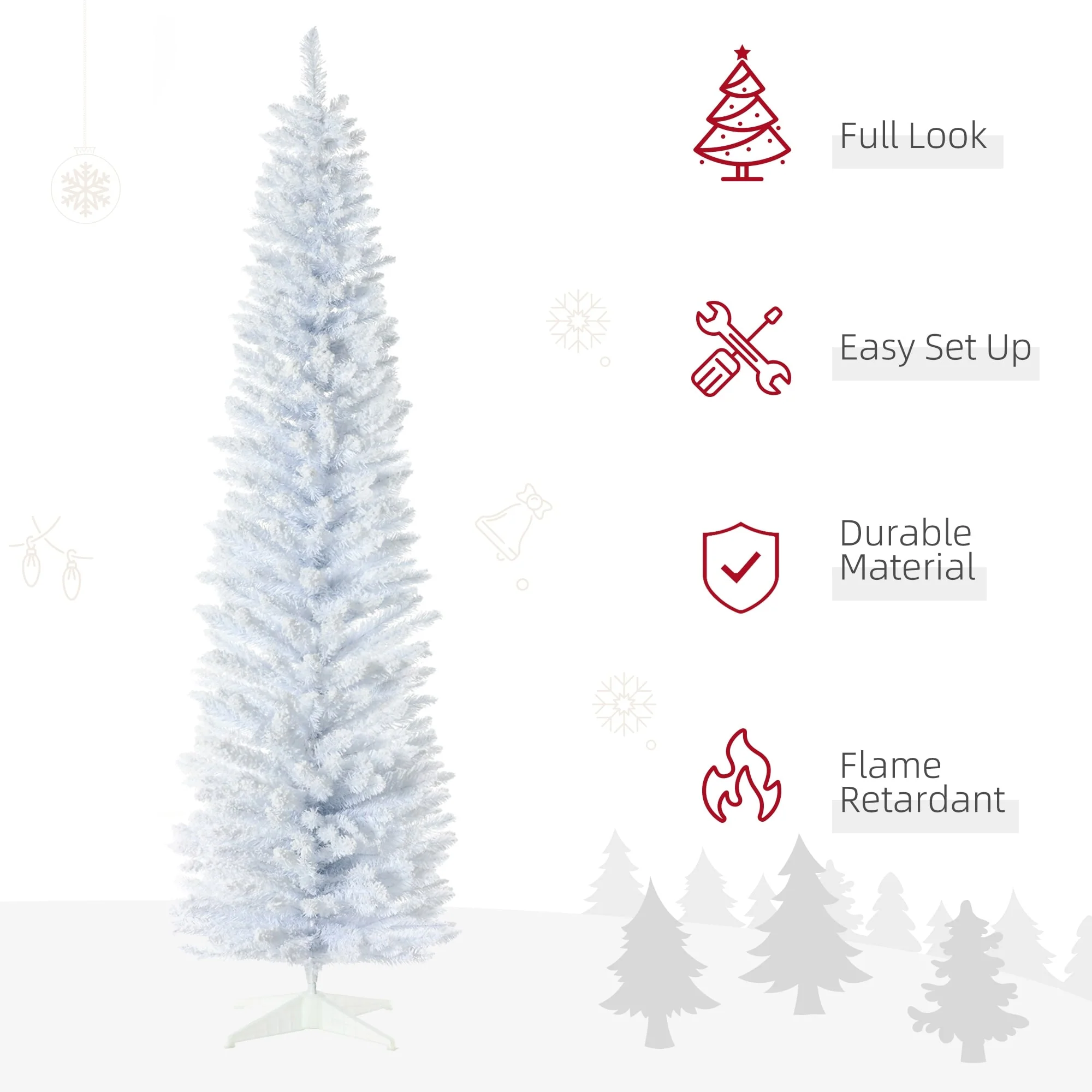 7FT Slim Snow Flocked Pencil Christmas Tree, Unlit Artificial Holiday Tree with Dense, Realistic Branch Tips