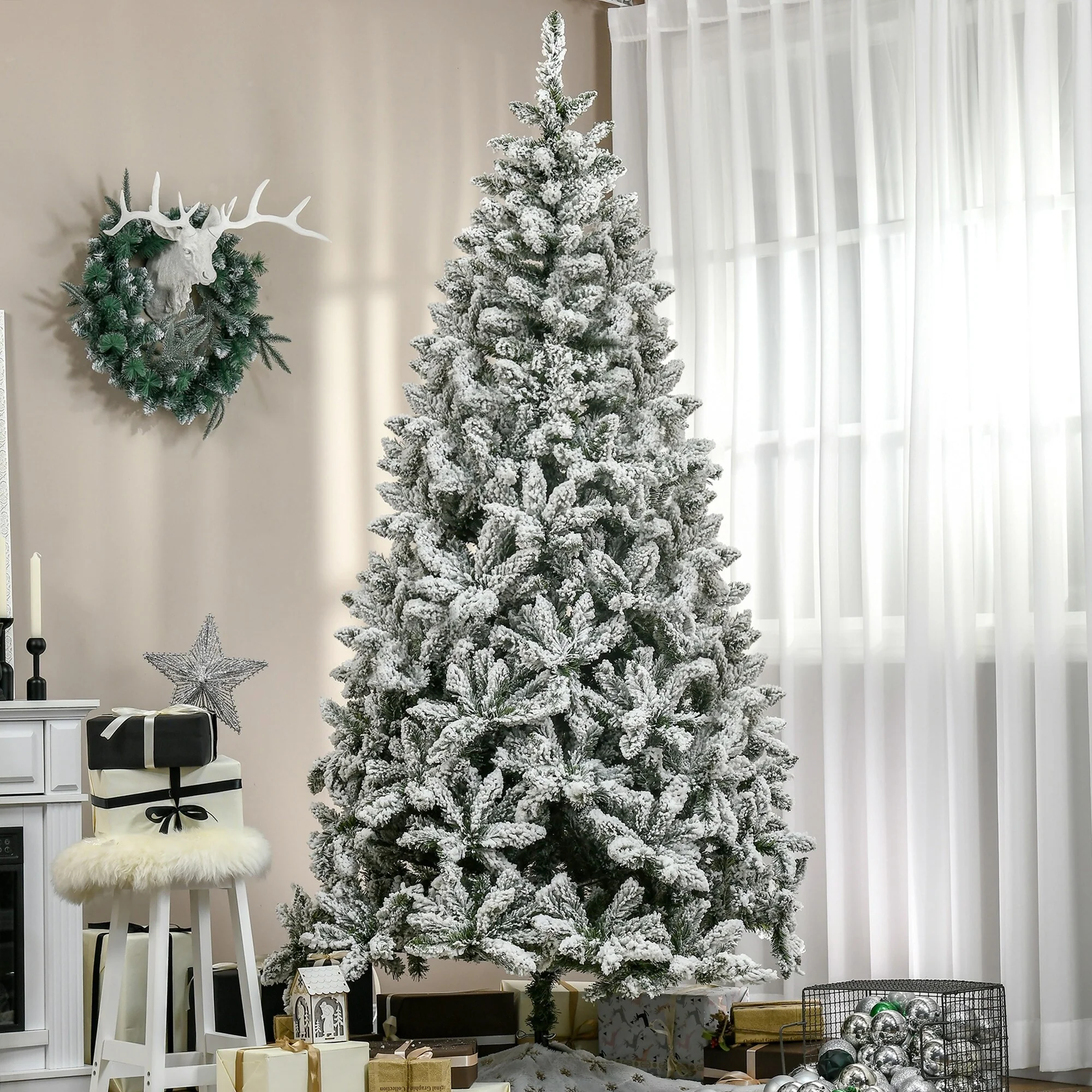 Snow Flocked 7.5ft/9ft Unlit Artificial Pine Christmas Tree with Lifelike Branches, Perfect for Holiday Ambiance