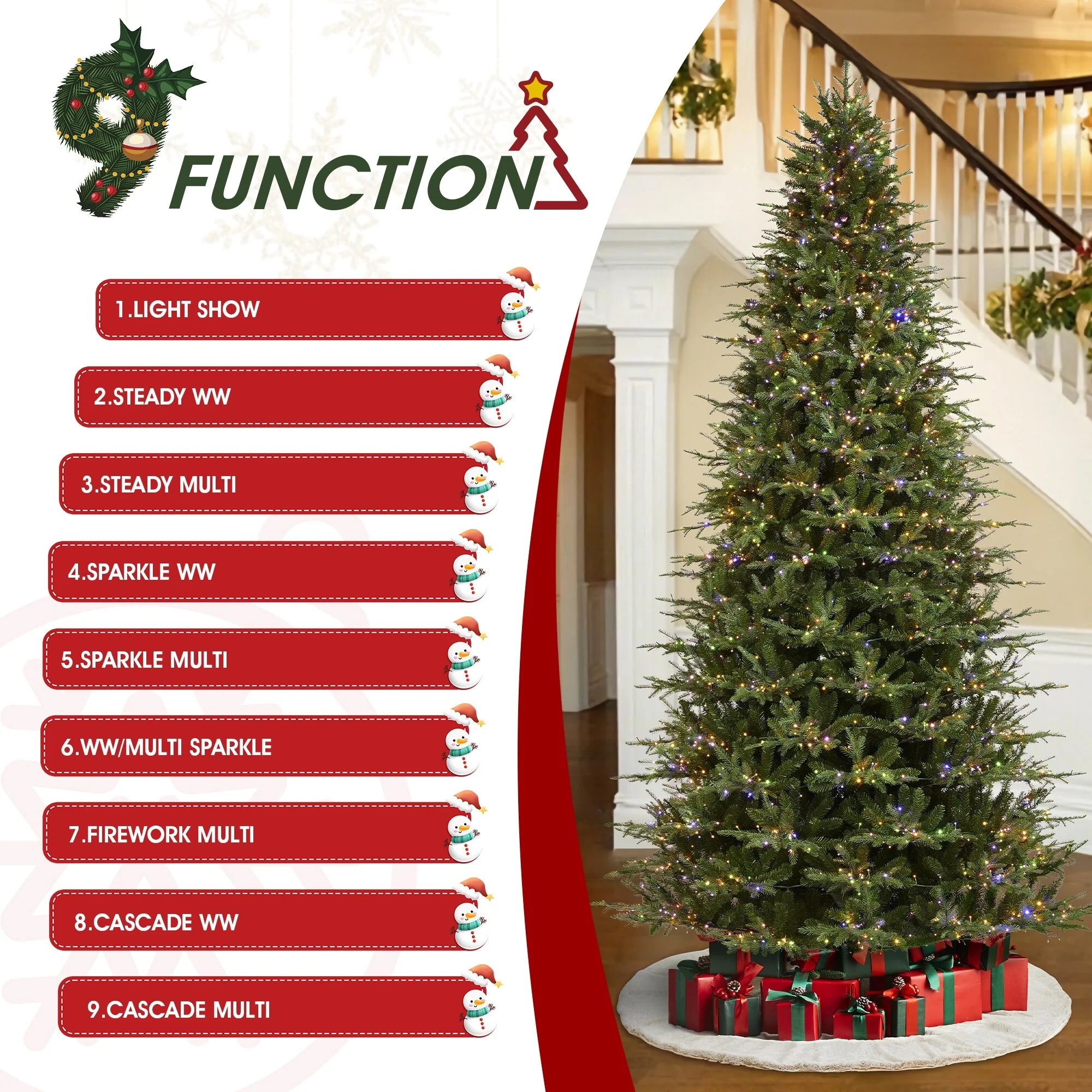 Glitzhome 7.5ft/9ft/11ft Pre-Lit Green Full Fir Artificial Christmas Tree with 1800/2450/3200 LEDs Simple Setup