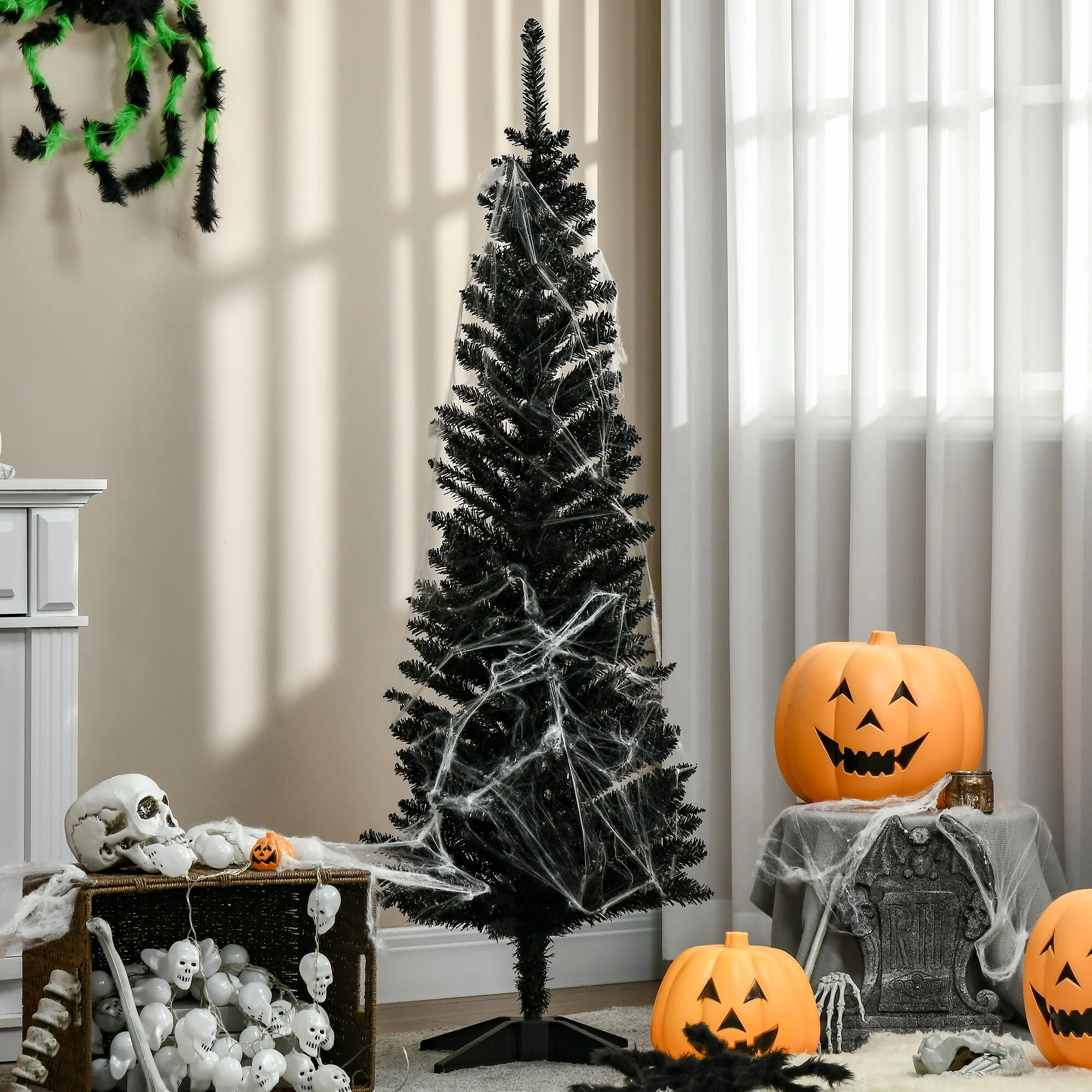 Slim Black Artificial Christmas Tree, Pencil Style with Realistic Branch Tips and Plastic Base - Perfect for Small Spaces