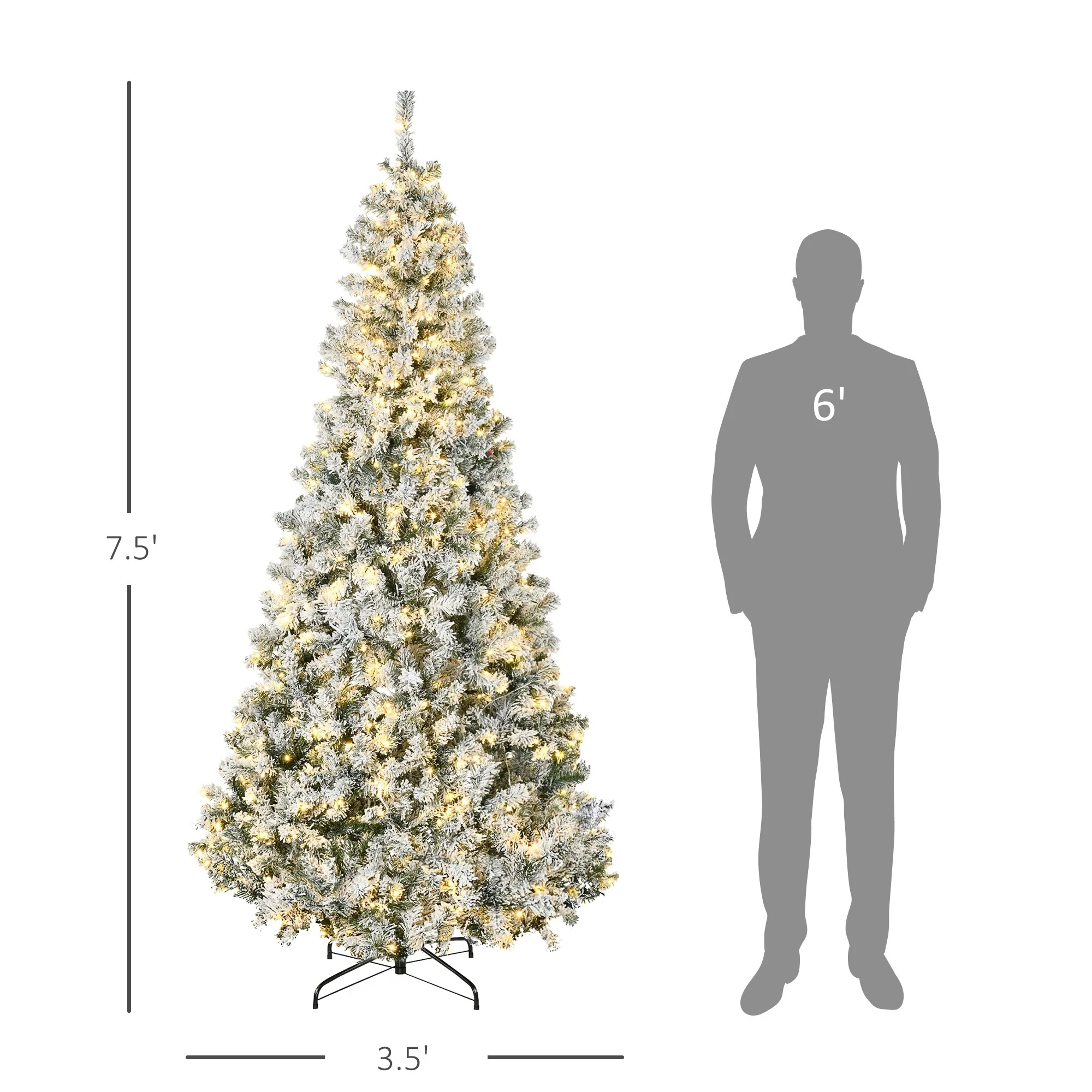 7.5ft Tall Prelit Snow-Flocked Christmas Tree with Auto Open, 500 LED Lights, & Realistic Branches