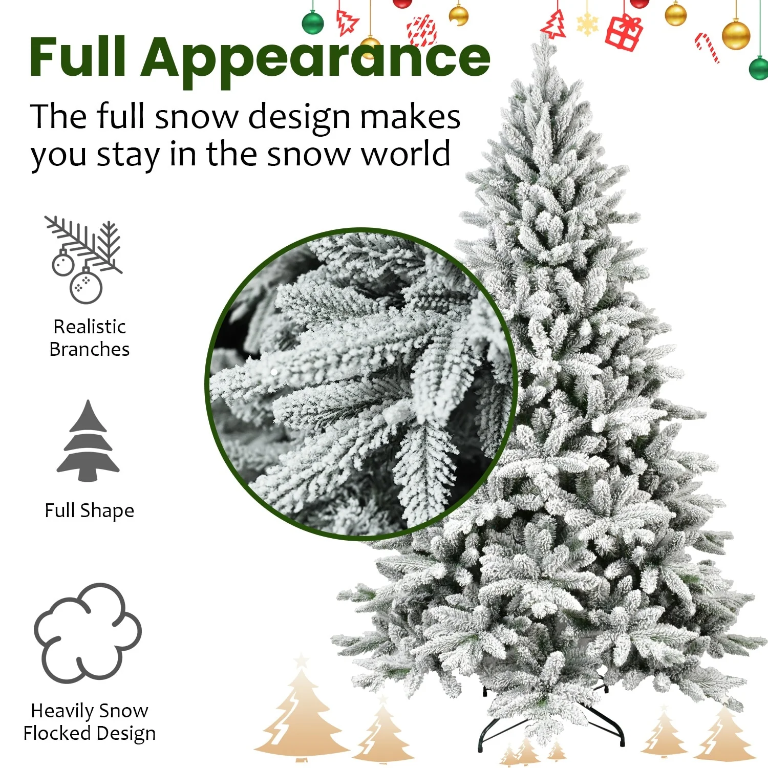 PE & PVC Flocked Christmas Tree, 5FT/6FT/7FT, Lifelike Tips, Easy Unfold Structure, Stable Base, Perfect Winter Decor