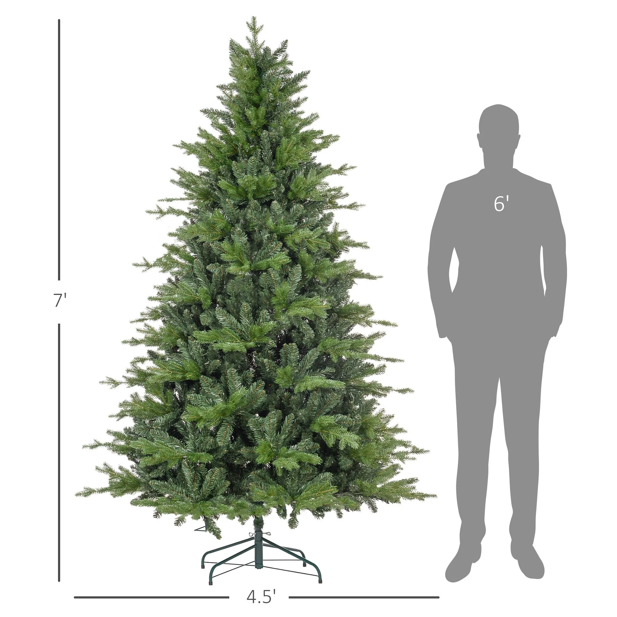 7ft Green Artificial Christmas Tree with 2445 Branch Tips, Easy Assembly Hinged Design & Foldable Metal Stand