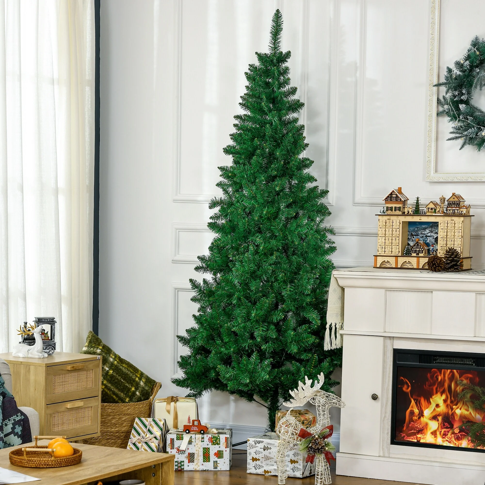 Space-Saving 5ft/7ft Half Christmas Tree, Unlit Artificial Tree with Steel Base and Wall-Fit Design