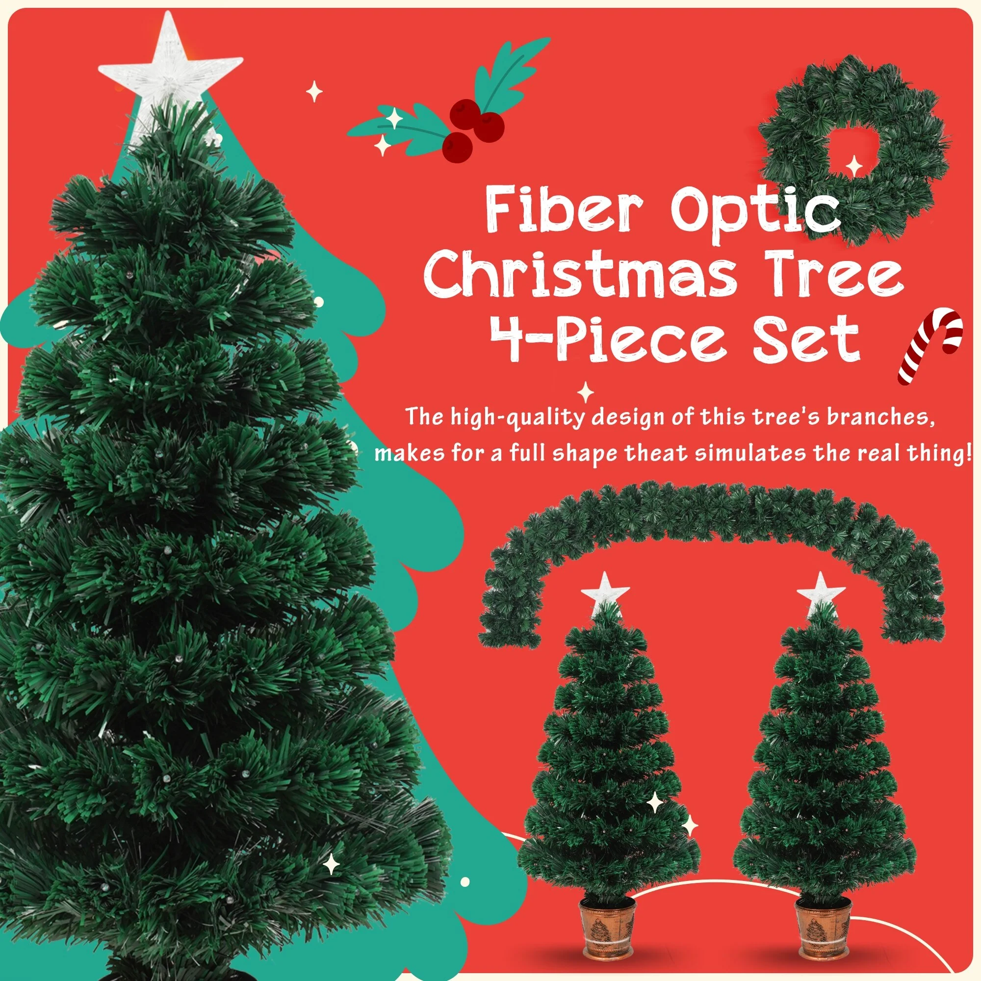 4-Piece Fiber Optic Christmas Tree Set with Entrance Trees, Garland & Wreath