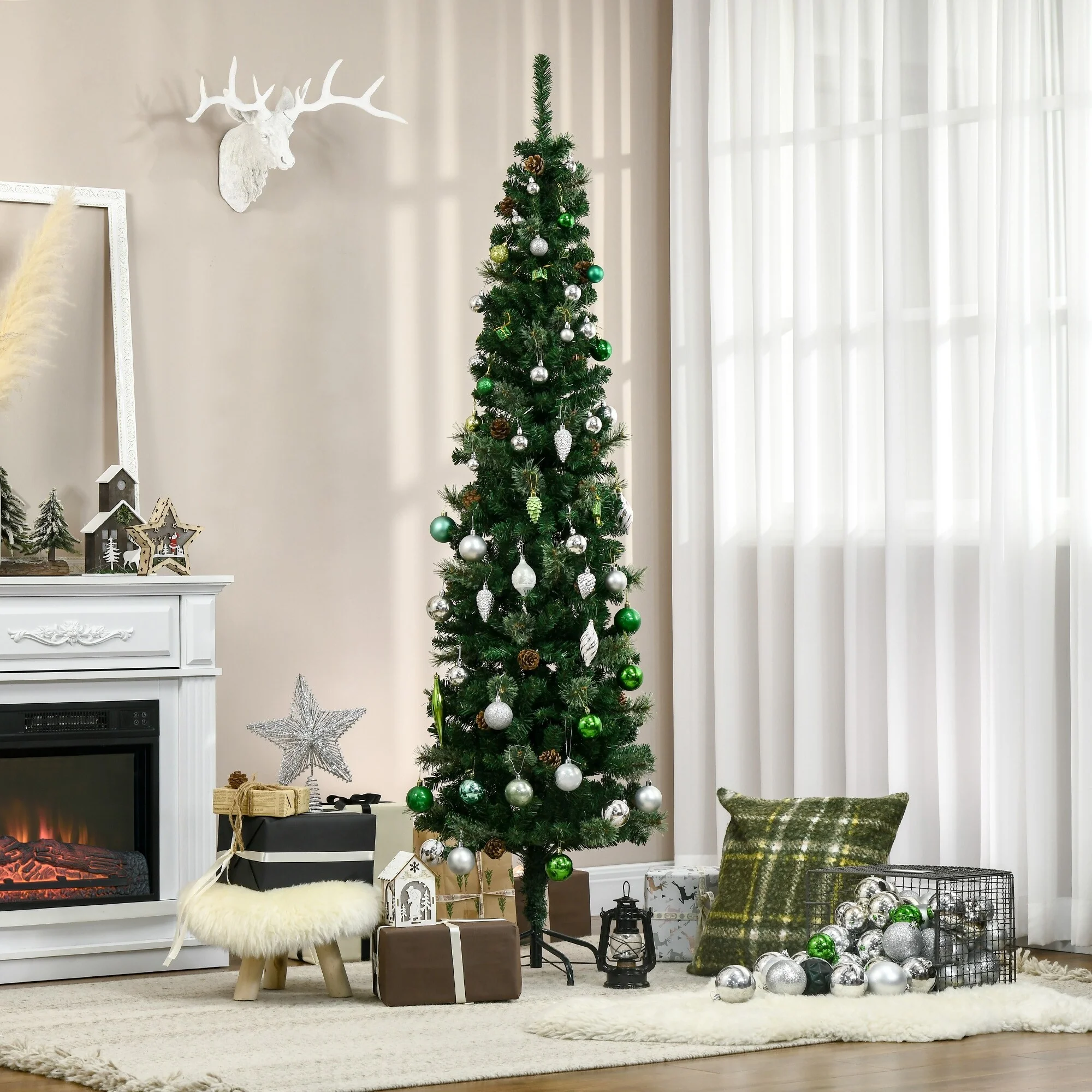 6.5FT Pencil Artificial Christmas Tree with Pine Cones and Needles, Unlit, Slim Design