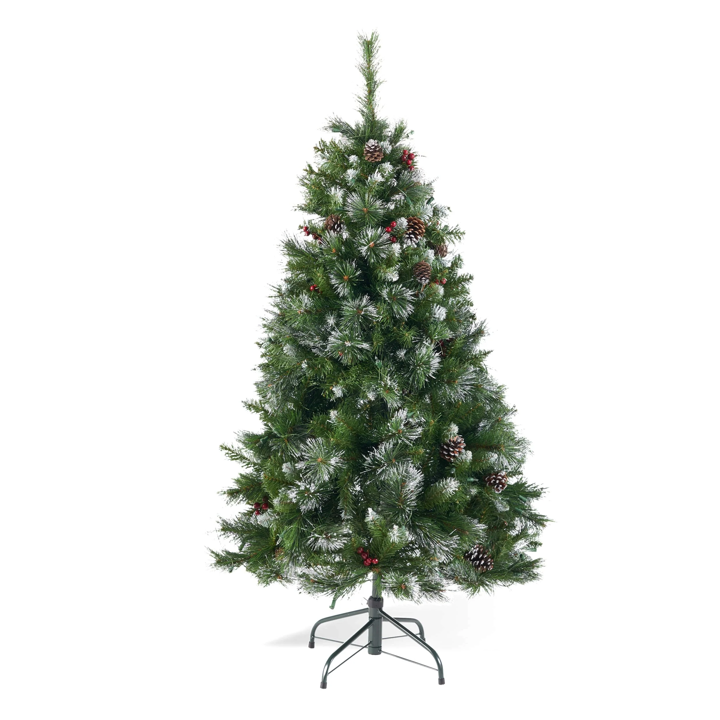4.5FT Pre-Lit Glitter Bristle Christmas Tree with Pine Cones, Red Berries & 200 Clear Lights, Hinged for Easy Assembly