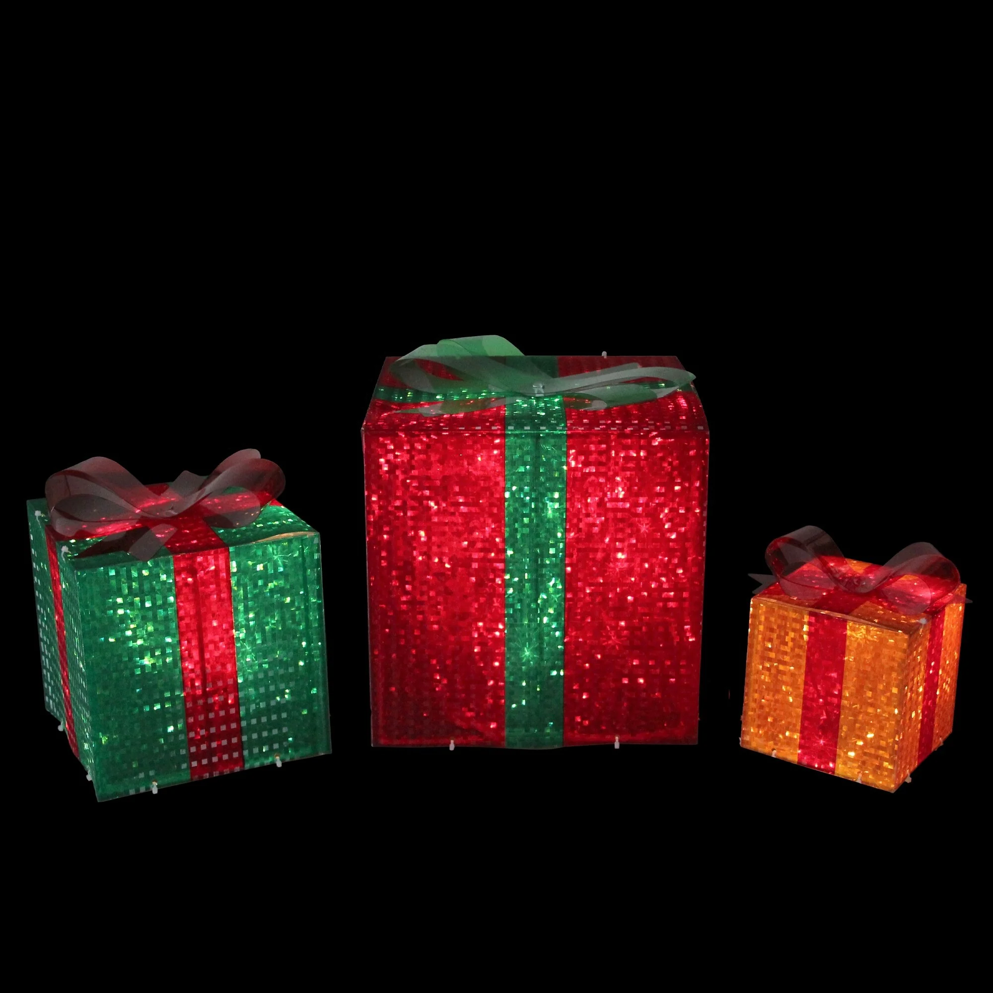 Set of 3 Lighted Glistening Gift Box Bow Outdoor Christmas Decoration - Multi