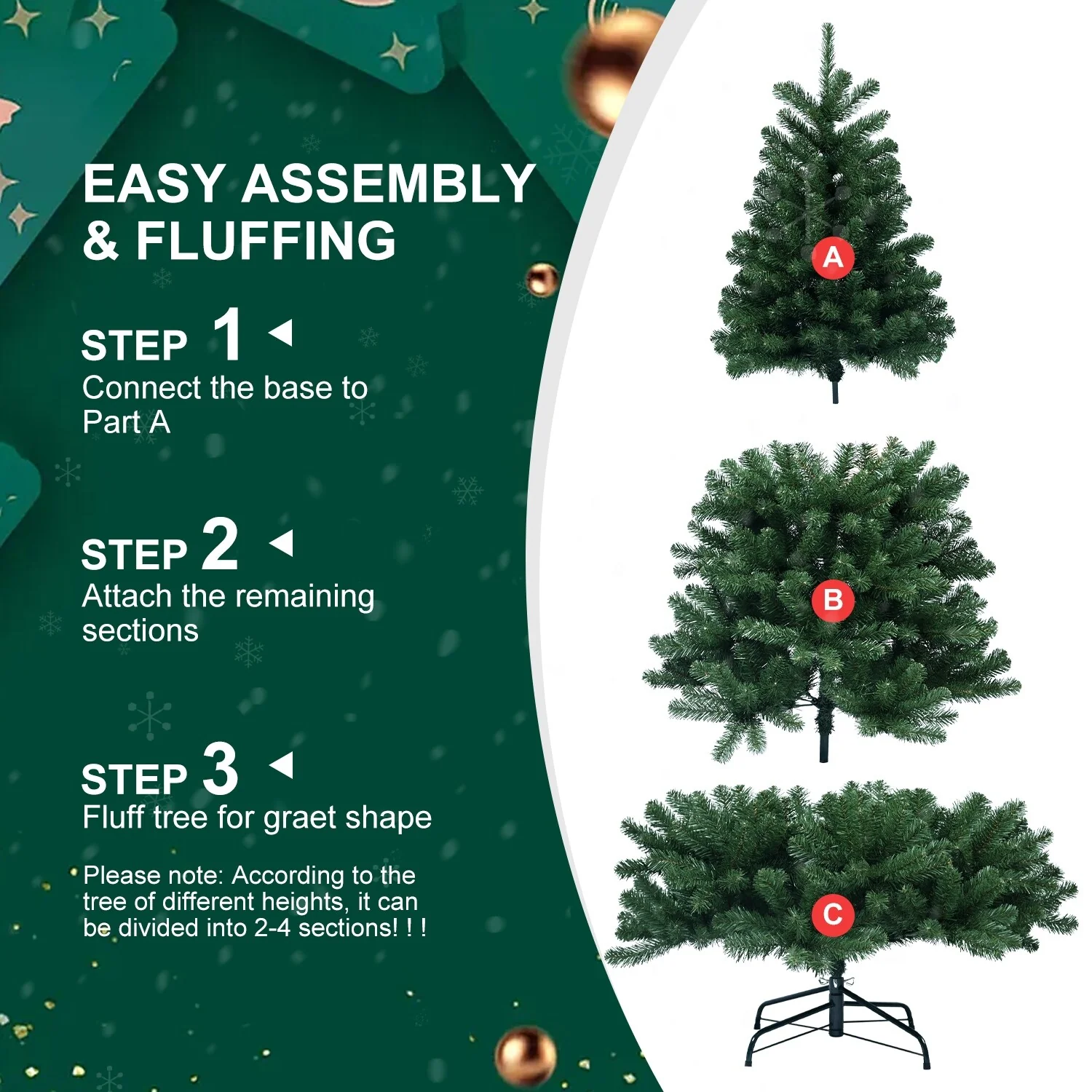 Green PVC Christmas Tree with Automatic Fluffing Memory Wire Tips, Easy Hinged Design, and Sturdy Metal Stand