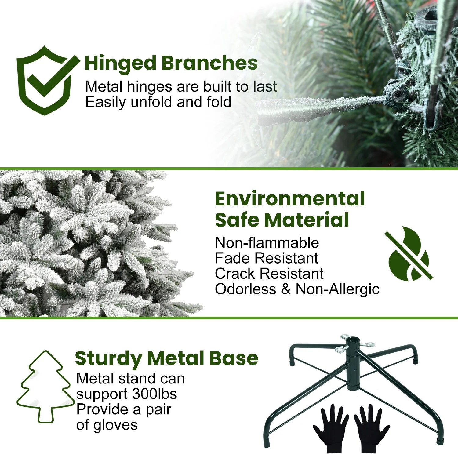 Pre-lit 7FT Flocked Christmas Tree, 1514 Branch Tips and Extra-Thick Metal Stand, Foldable Snowy Tree for Easy Holiday Setup
