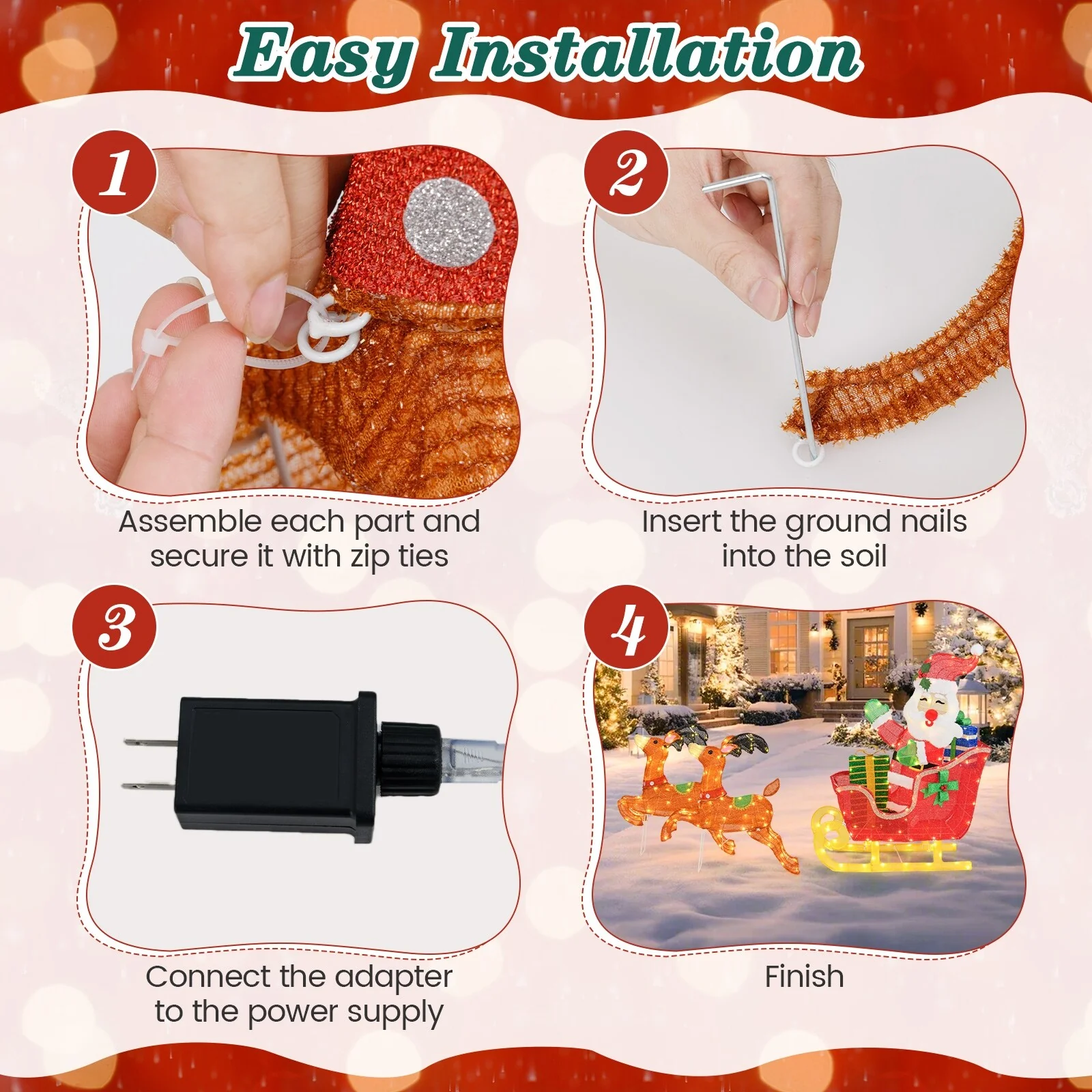 Gymax Lighted Christmas Santa Claus w/ Reindeer LED Lights 12 Ground - Multi - See Details