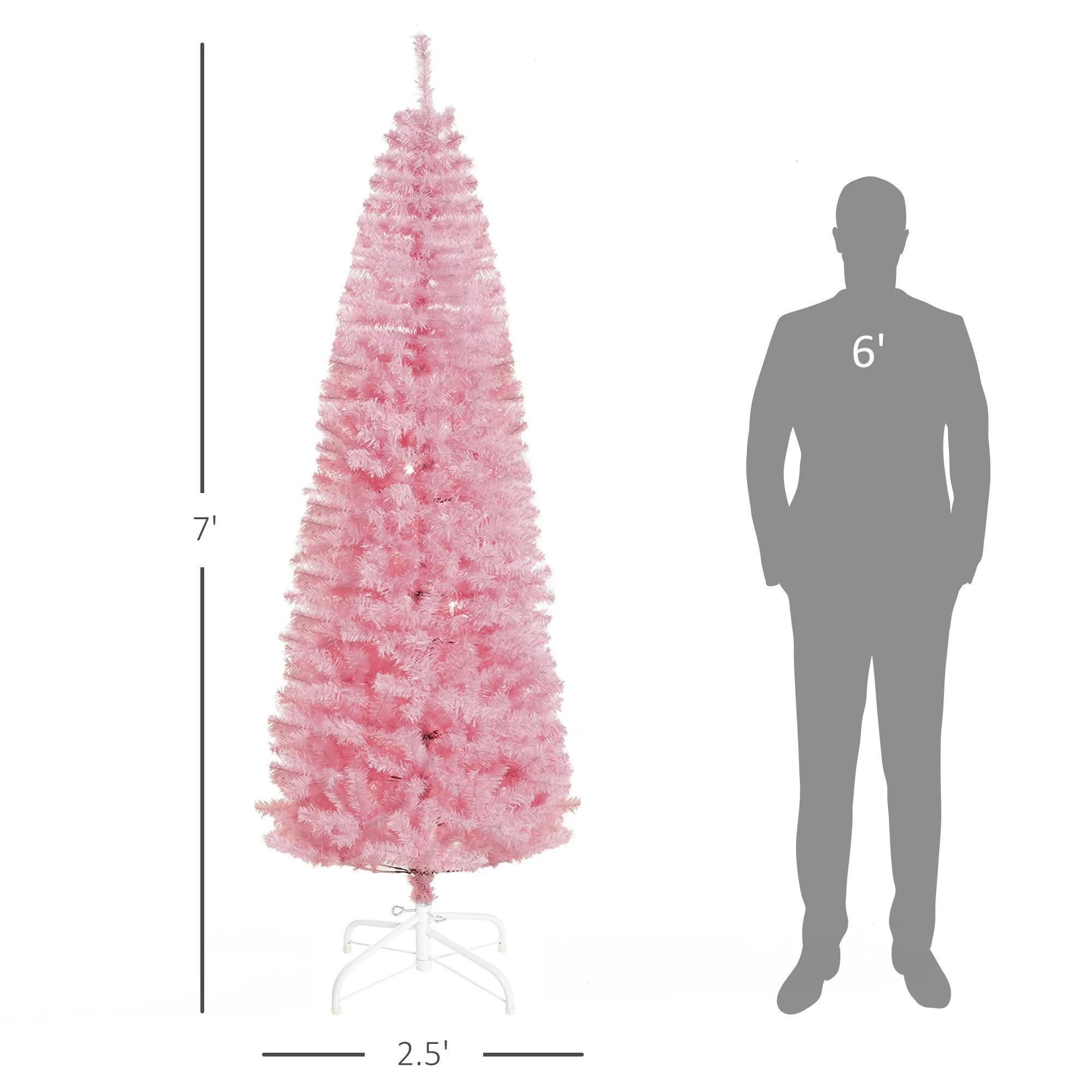 Compact 7' Pink Pencil Christmas Tree, Unlit Douglas Fir with 818 Full Branch Tips and Easy Assembly