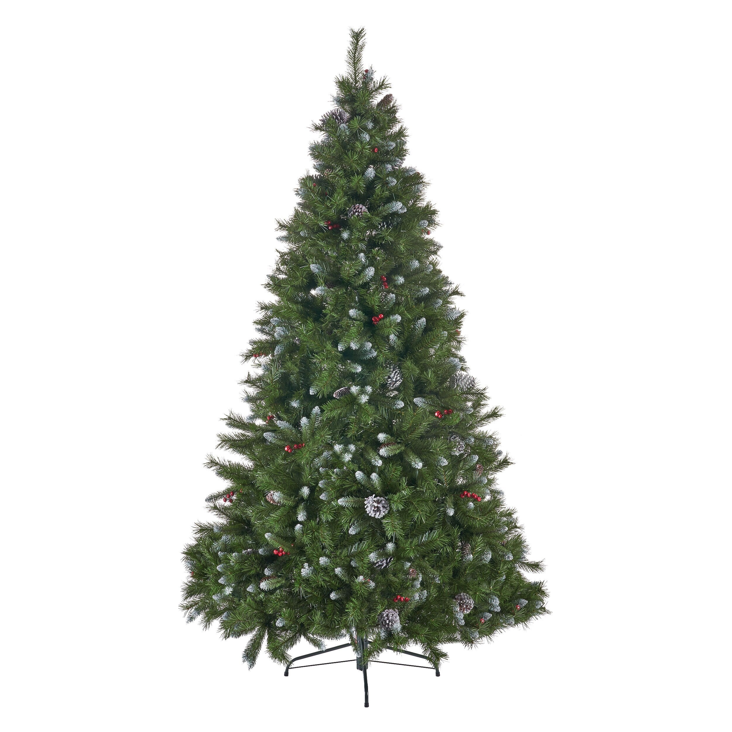 7' Mixed Frosted Hinged Tree with Pine Cones, Red Berries, 1219 Tips, Unlit, Durable Iron Stand, Easy Setup, 53