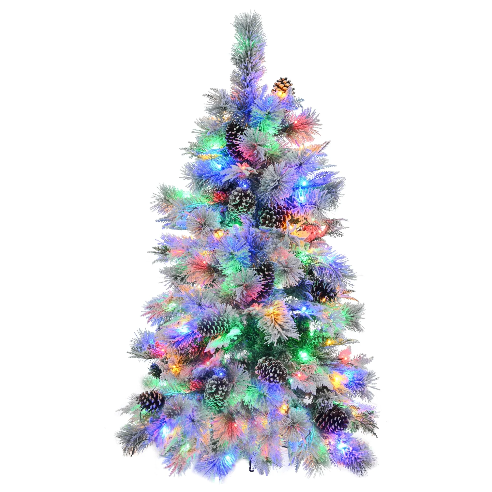 Artificial Snow Flocked Spruce Christmas Tree with 120/250/450 LED Lights, Pine Cones, and 11 Flashing Modes, 4FT/6FT/7.5FT
