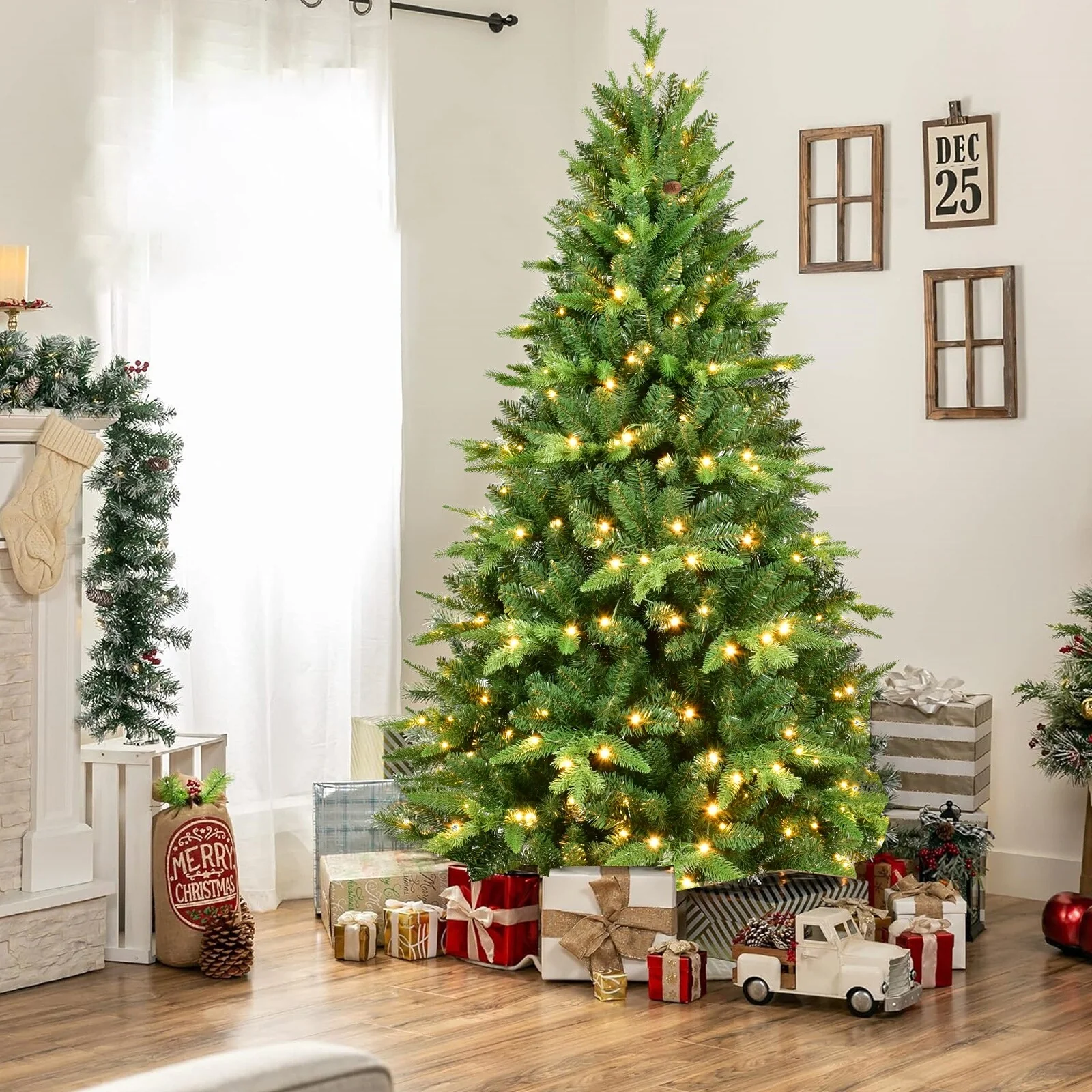 PE & PVC Pre-lit Christmas Tree, 5FT/6FT/7FT, 850/1228 Tips, 250/350 LEDs, Automatic Unfold, Realistic Holiday Decor