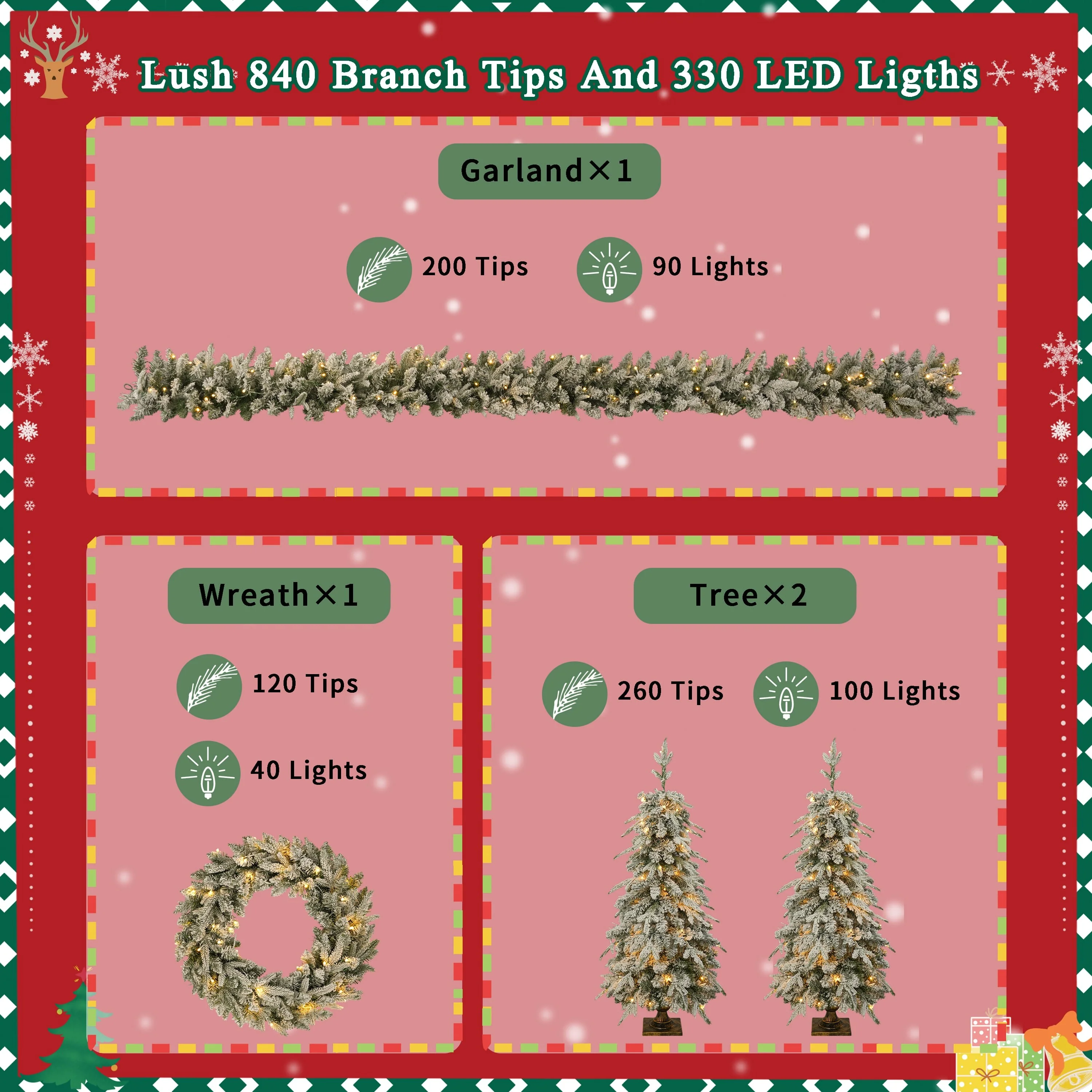4-Piece Pre-lit Artificial Christmas Tree Set with Warm White LED Lights, Wreath, Garland & 2 Entrance Trees for Festive