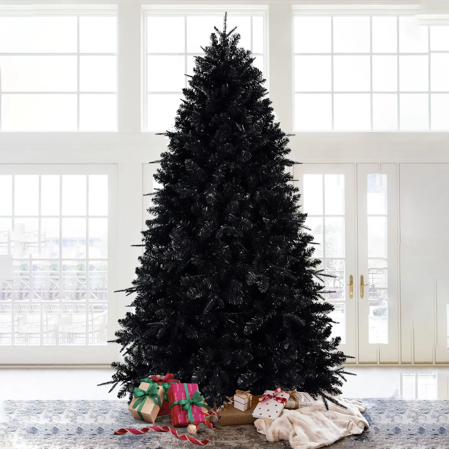 Pre-Lit Black Christmas Tree with 500-750 Lights, Full Branches, and Easy Assembly - 7.5ft to 9ft