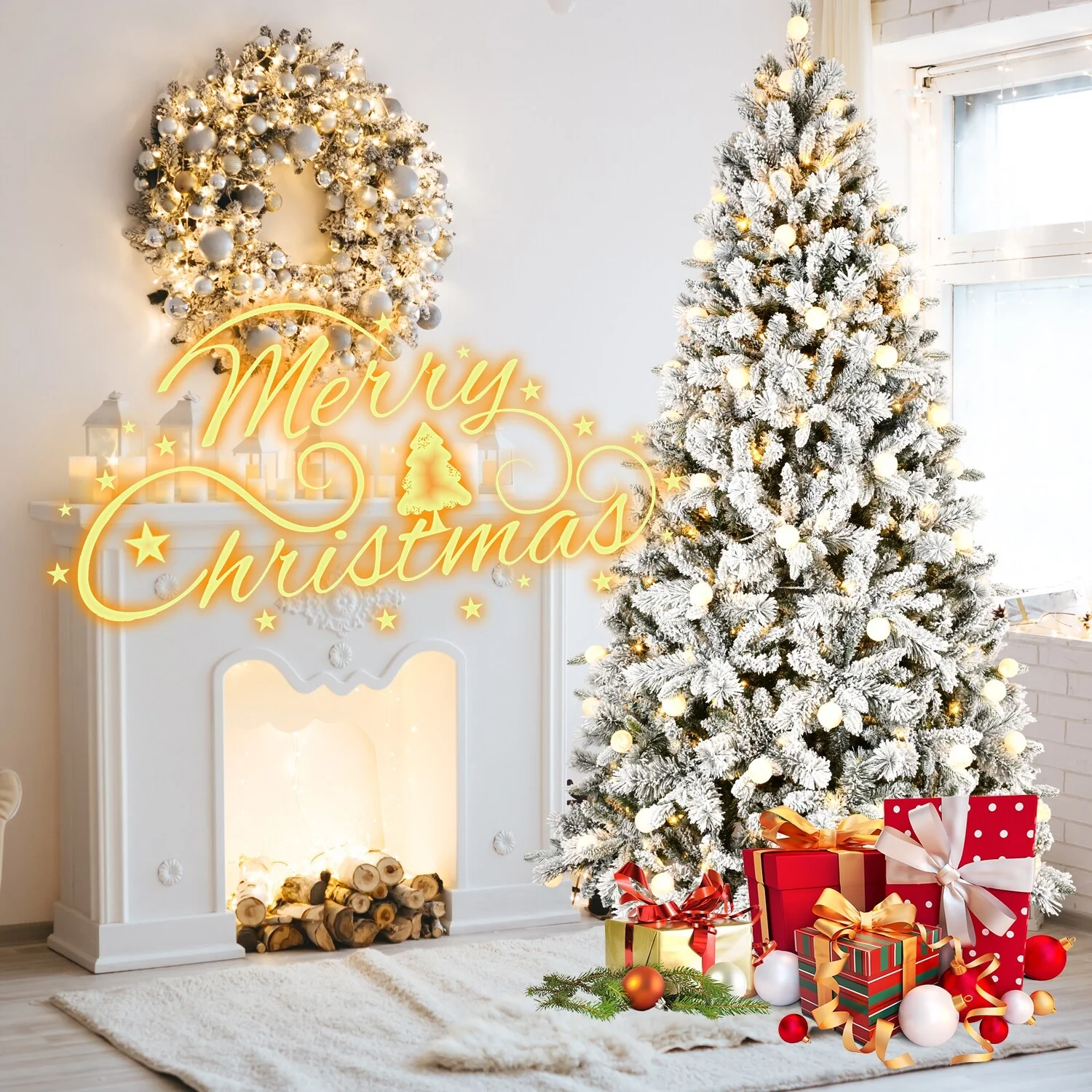 8ft Artificial Snow-Flocked Christmas Tree with LED Lights, Memory Wire, and Easy Power Setup