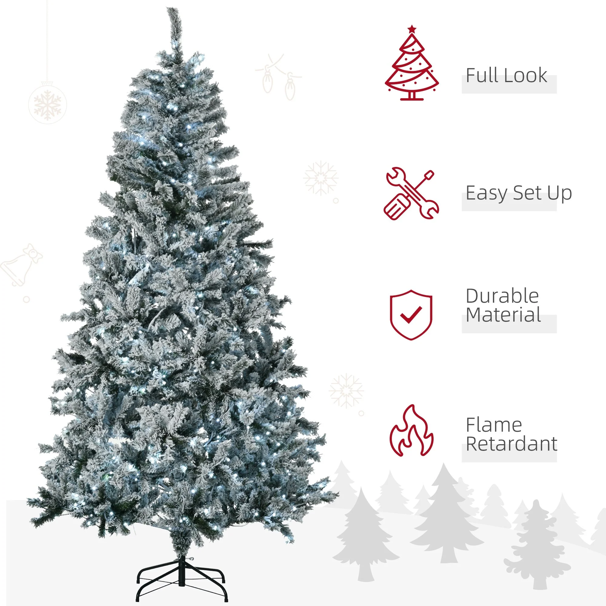 Prelit 7.5' Snow Flocked Artificial Christmas Tree with Cold White LED Lights and Flame-Retardant Design