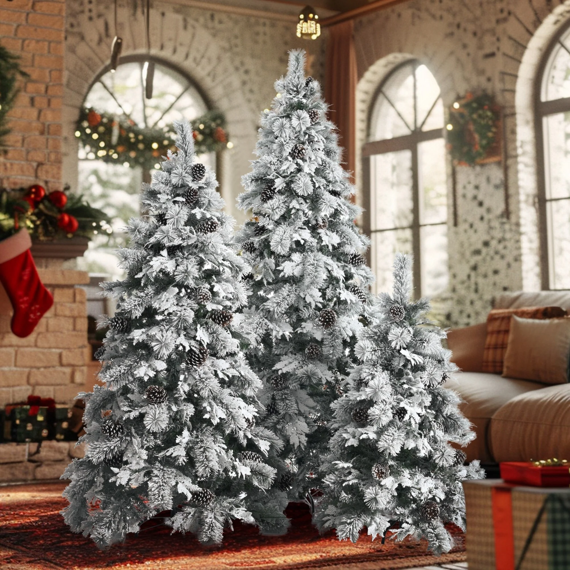 Pre-Lit Artificial Christmas Tree Set - 4FT, 6FT, 7.5FT Snow Flocked Trees with Pine Cones, 820 LEDs, 11 Lighting Modes