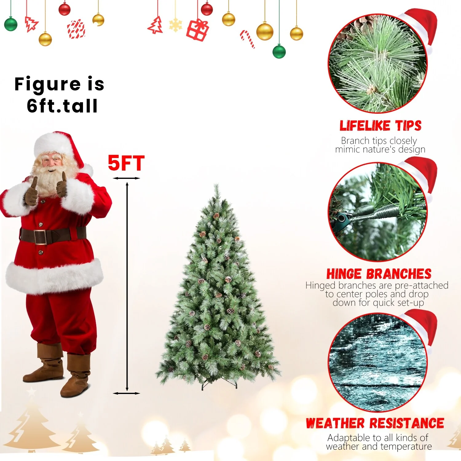 Frosted Scotch Pine Christmas Tree with Pine Cones, Easy Assembly, Full Branches - 7ft to 9ft