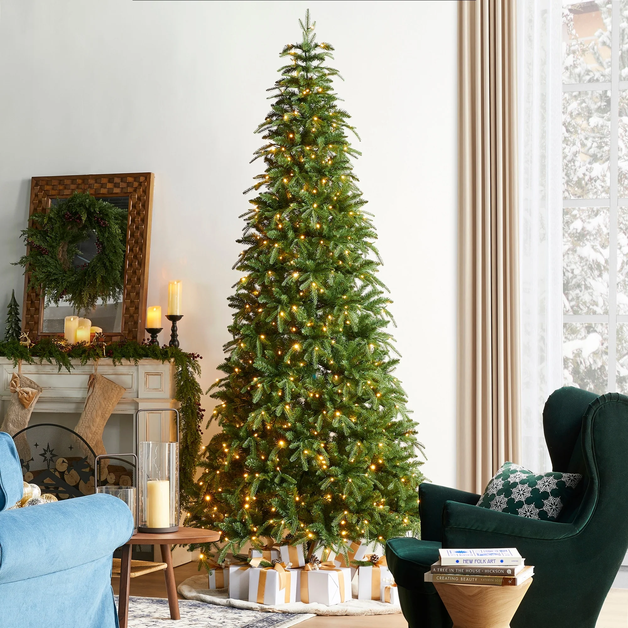 Glitzhome 7.5FT/9FT/11FT/15FT Pre-Lit Green Slim Fir Artificial Christmas Tree with Remote Control
