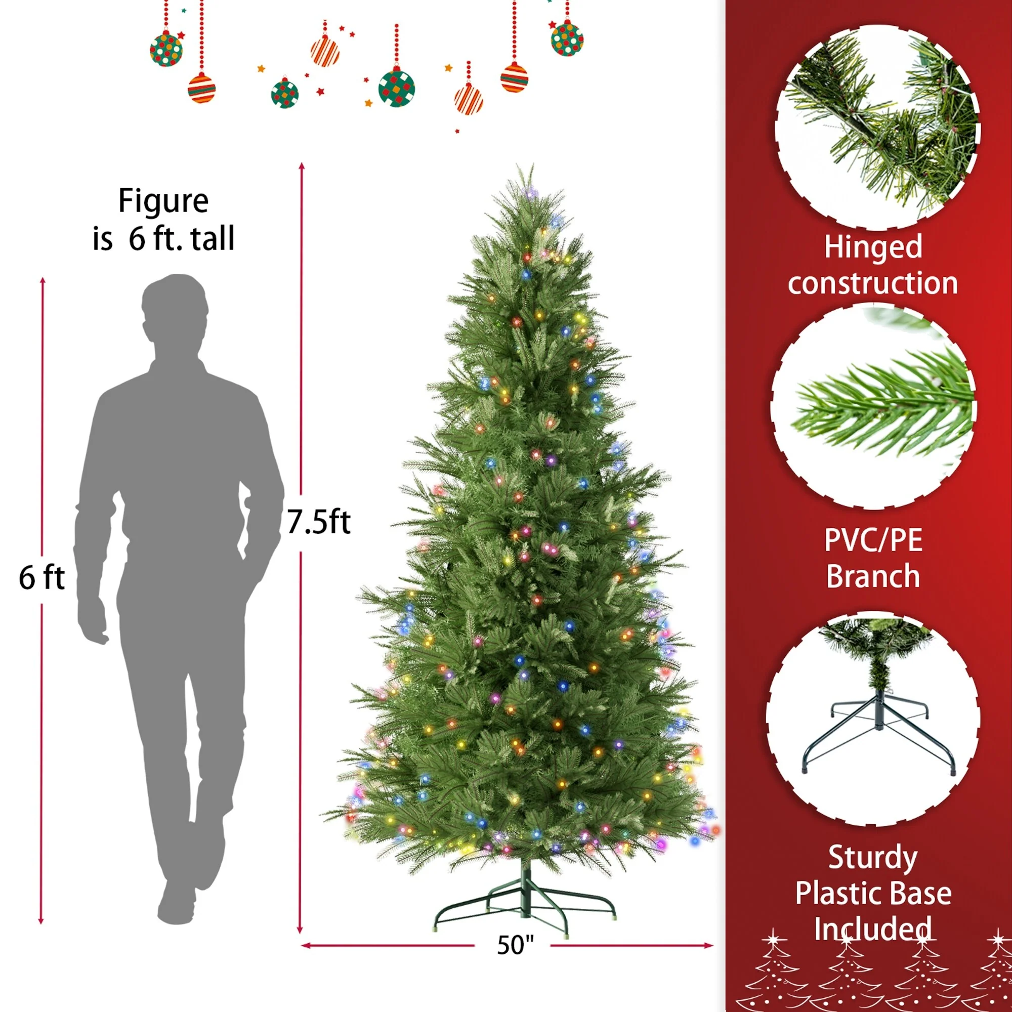 7.5FT PVC PE Christmas Tree with 550 LED Lights, 2286 Branch Tips, Easy Setup
