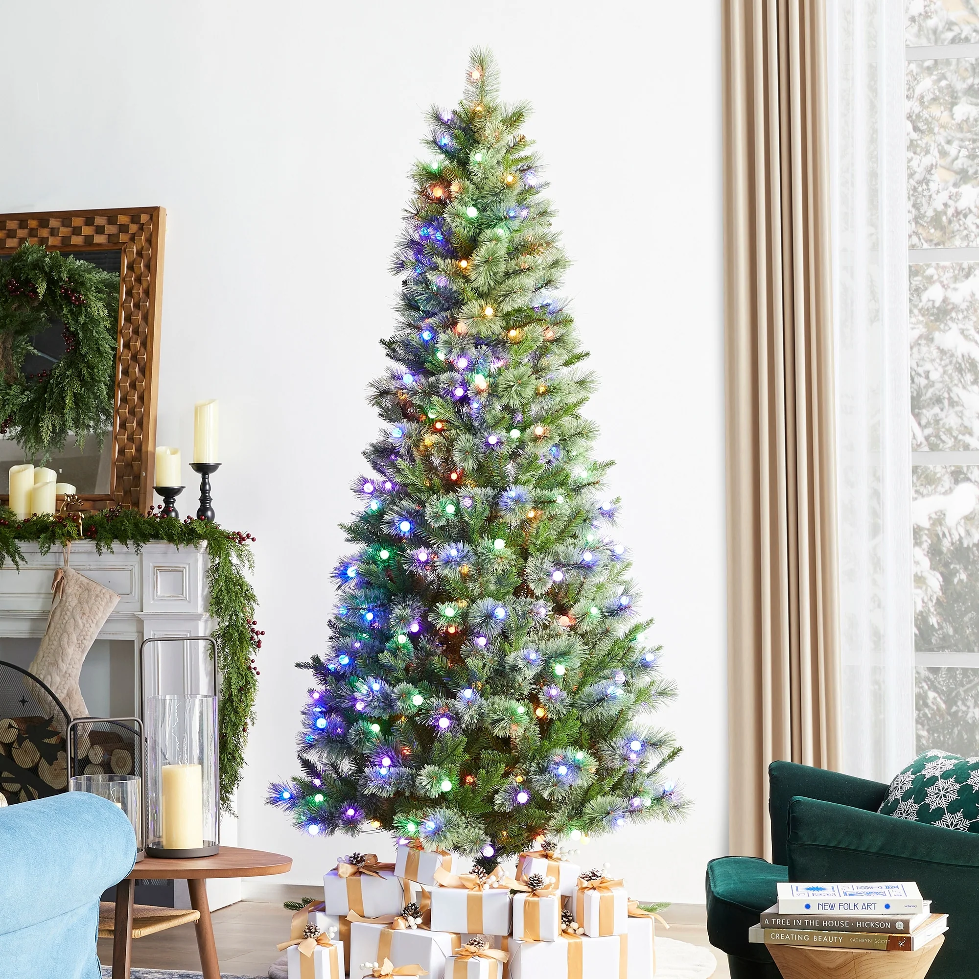 Glitzhome 7.5ft/9ft Pre-Lit Green Slim Pine Artificial Christmas Tree with Foot Pedal & Remote Control